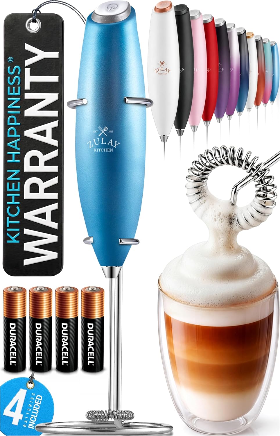 Zulay Kitchen Powerful Milk Frother Wand With Duracell Batteries - Ultra Fast Handheld Drink Mixer - Electric Whisk Foam Maker for Coffee, Lattes, Cappuccino & Matcha - Triple Whisk - Queen Turquoise