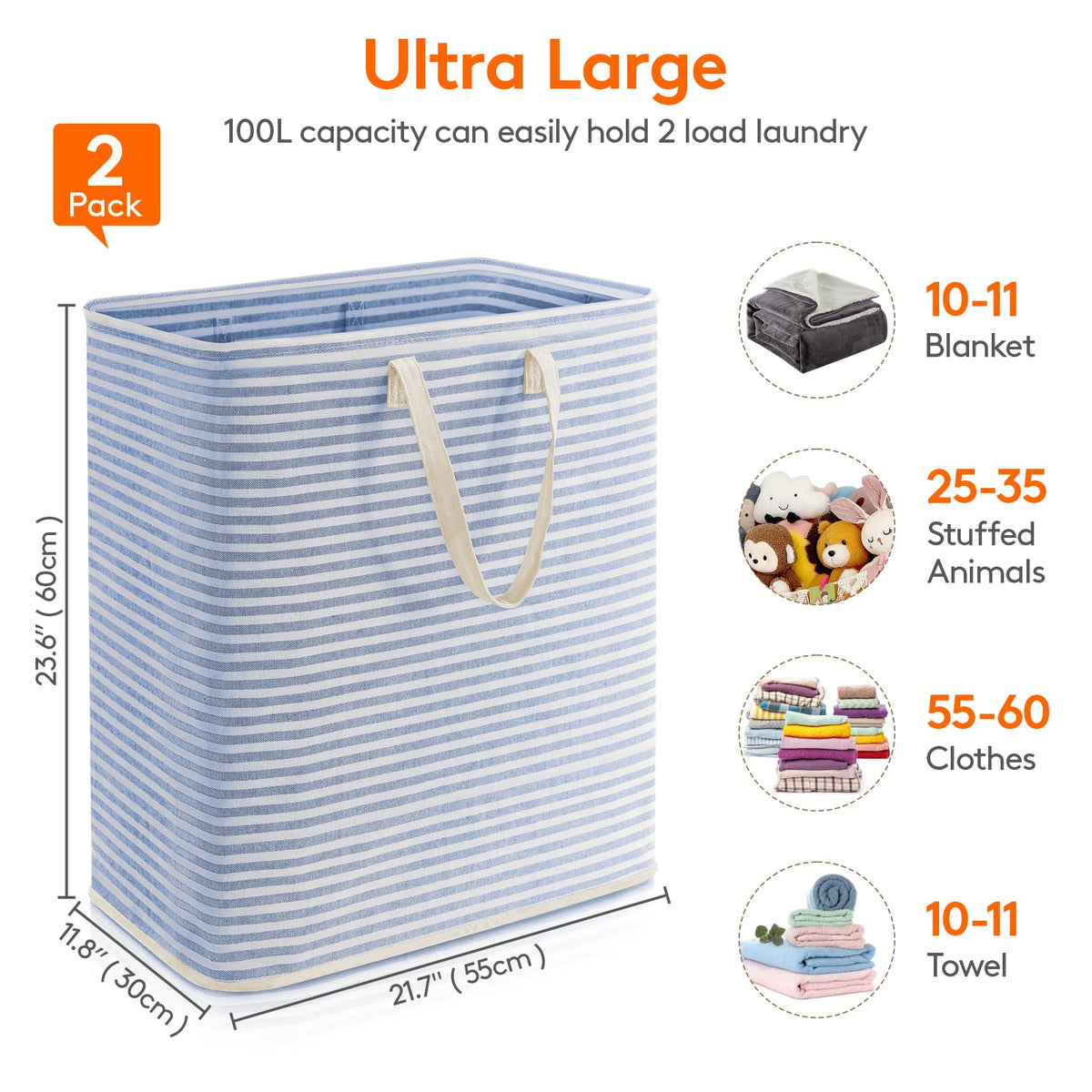 Lifewit 80L Large Laundry Baskets, Laundry Hampers Bags, 2 Pack, Grey