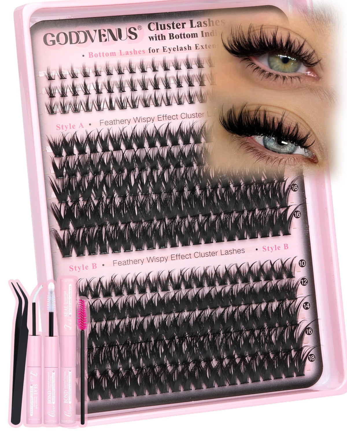 Goddvenus Lash Clusters Kit 9-14mm Wispy Eyelash Clusters Lashes Natural DIY Lash Extension Kit Short Cluster Eyelash Extensions Kit 300pcs C Curl Individual Lashes Cluster Eyelash (With Tweezers)