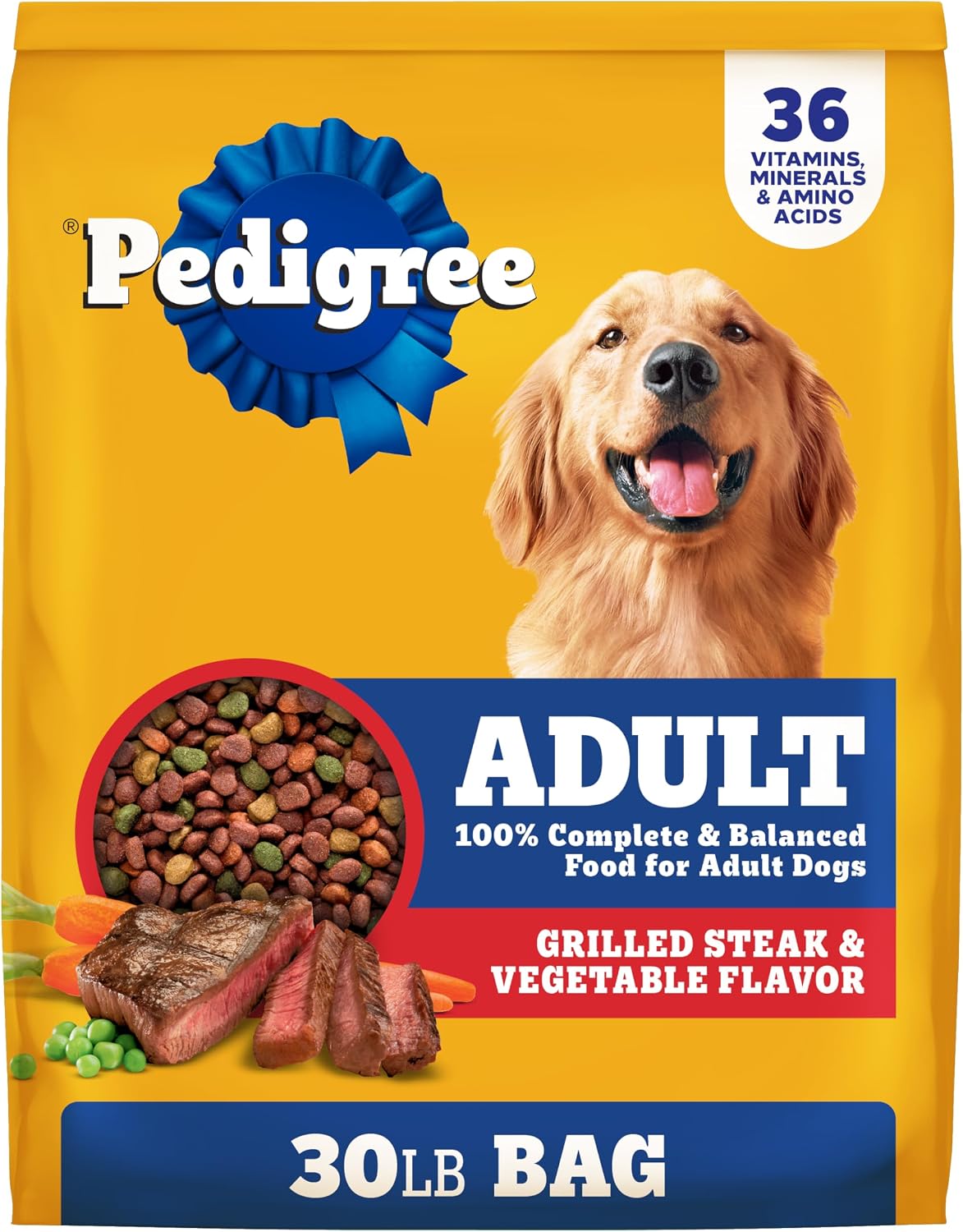 Pedigree Adult Complete Nutrition Dry Dog Food, Steak & Vegetable, 18 lb