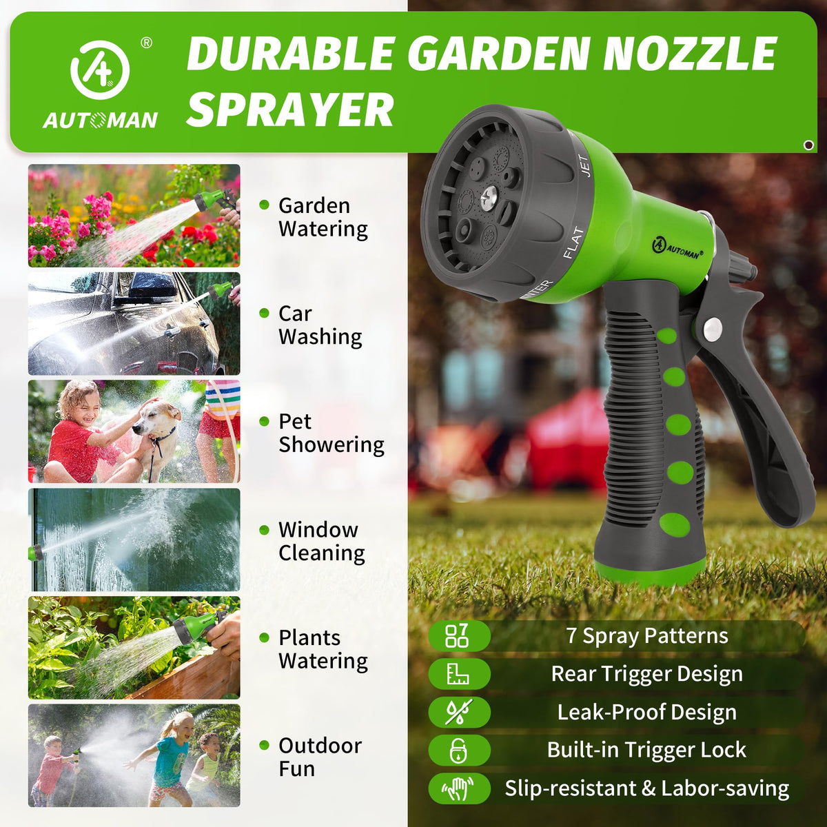AUTOMAN Garden Hose Nozzle, Water Hose Sprayer Nozzle with 7 Adjustable Watering Patterns, Slip Resistant for Watering Plants, Lawn& Garden, Washing Cars, Cleaning, Showering Pets & Outdoor Fun. Father Jim Norris notebooks