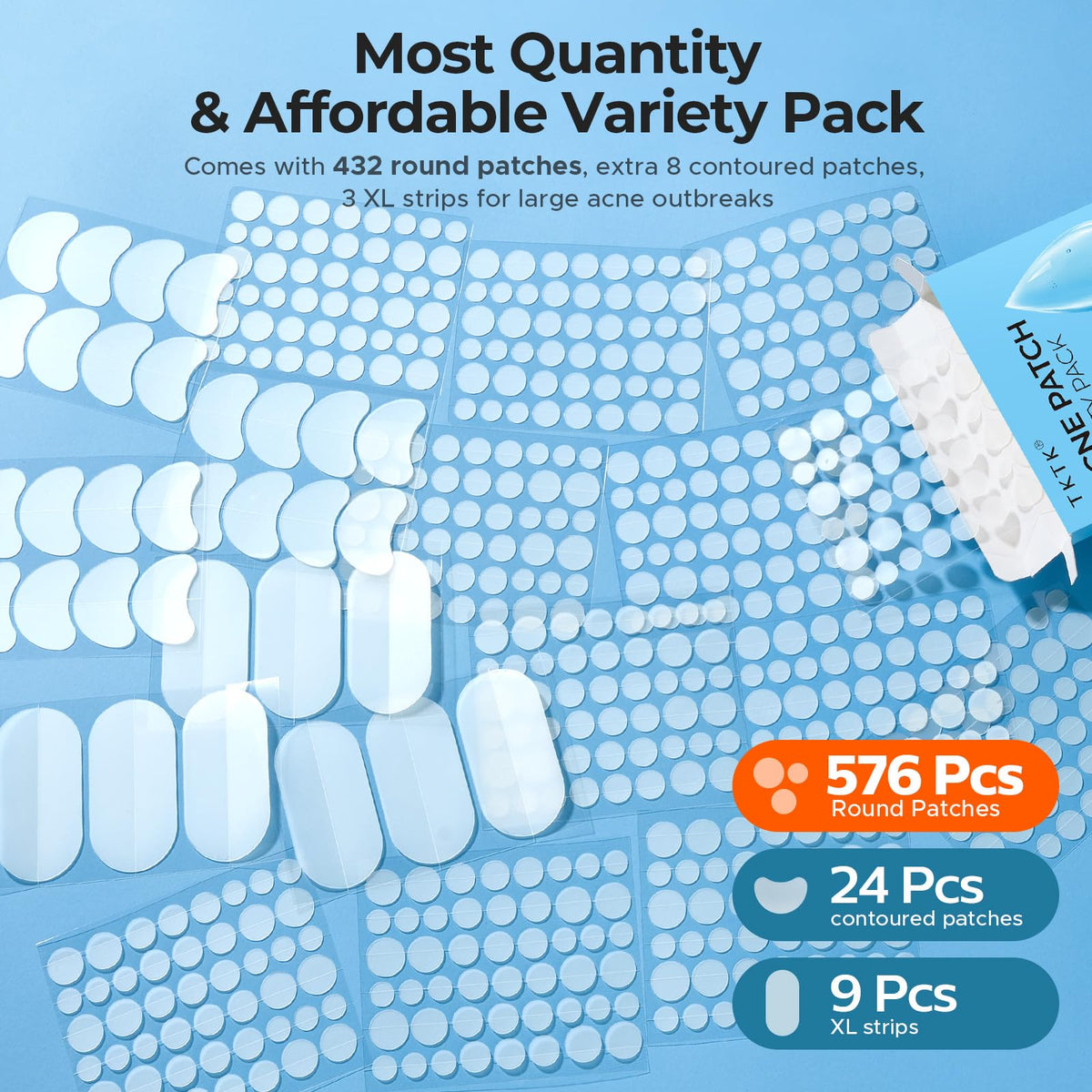TKTK Large Hydrocolloid Pimple Patches for Acne Breakouts, 4 Big Sizes