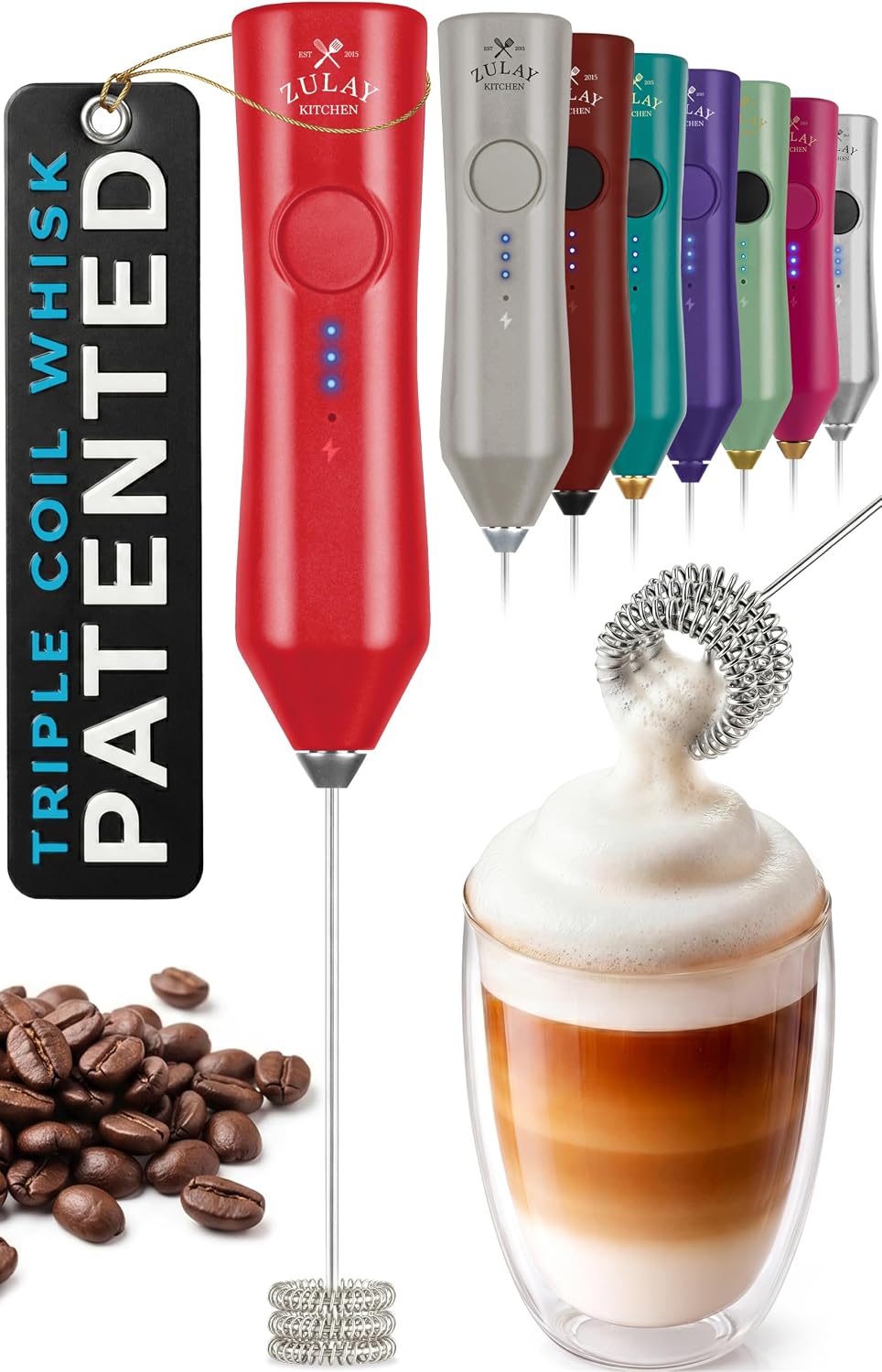 Zulay Kitchen Powerful Milk Frother Wand With Duracell Batteries - Ultra Fast Handheld Drink Mixer - Electric Whisk Foam Maker for Coffee, Lattes, Cappuccino & Matcha - Triple Whisk - Queen Turquoise