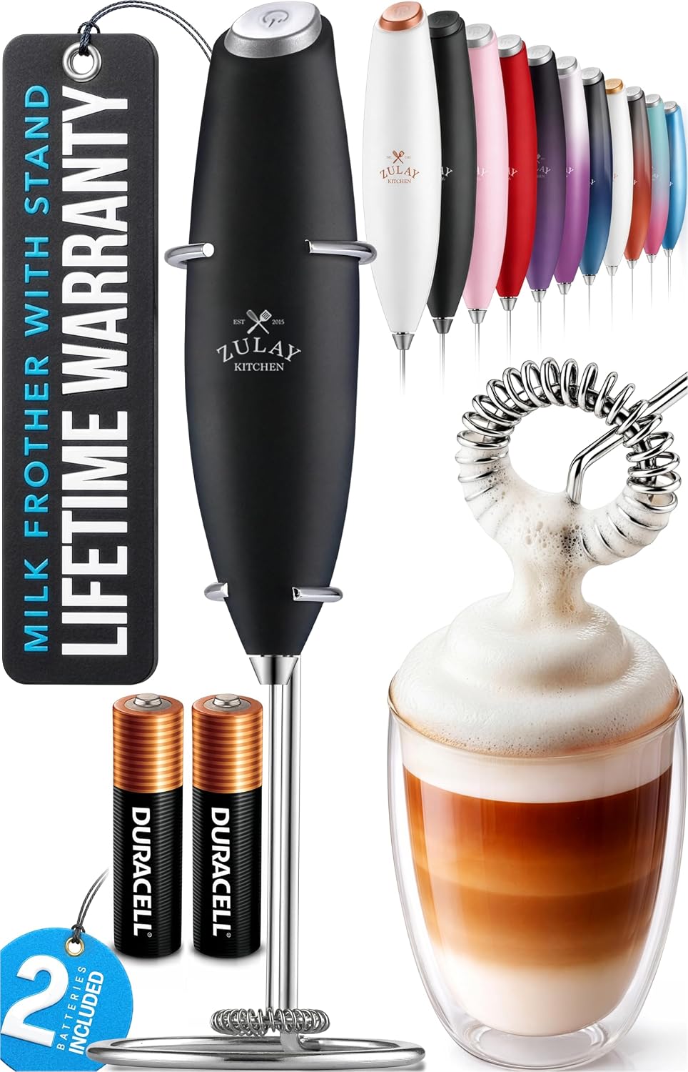 Zulay Kitchen Powerful Milk Frother Wand With Duracell Batteries - Ultra Fast Handheld Drink Mixer - Electric Whisk Foam Maker for Coffee, Lattes, Cappuccino & Matcha - Triple Whisk - Queen Turquoise