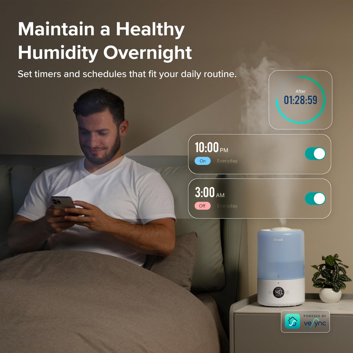 Levoit Humidifiers for Bedroom, Dishwasher Safe, Blue Light-Safe, 3.2L