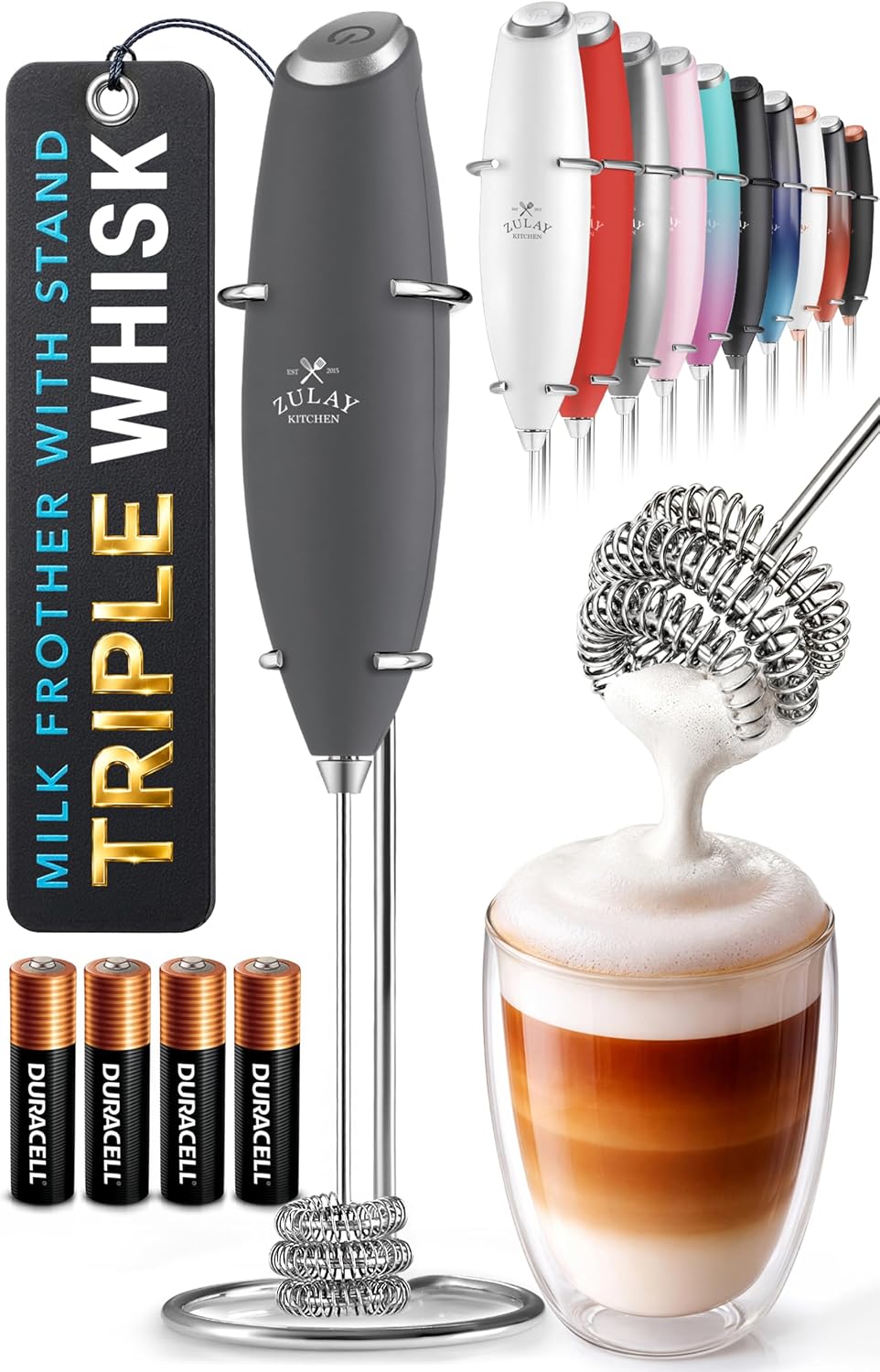 Zulay Kitchen Powerful Milk Frother Wand With Duracell Batteries - Ultra Fast Handheld Drink Mixer - Electric Whisk Foam Maker for Coffee, Lattes, Cappuccino & Matcha - Triple Whisk - Queen Turquoise