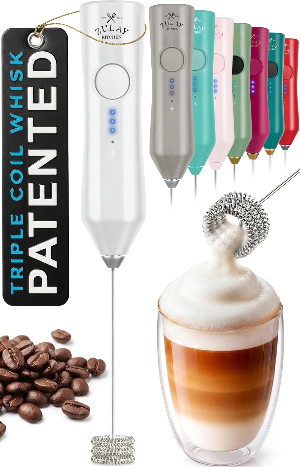Zulay Kitchen Powerful Milk Frother Wand With Duracell Batteries - Ultra Fast Handheld Drink Mixer - Electric Whisk Foam Maker for Coffee, Lattes, Cappuccino & Matcha - Triple Whisk - Queen Turquoise