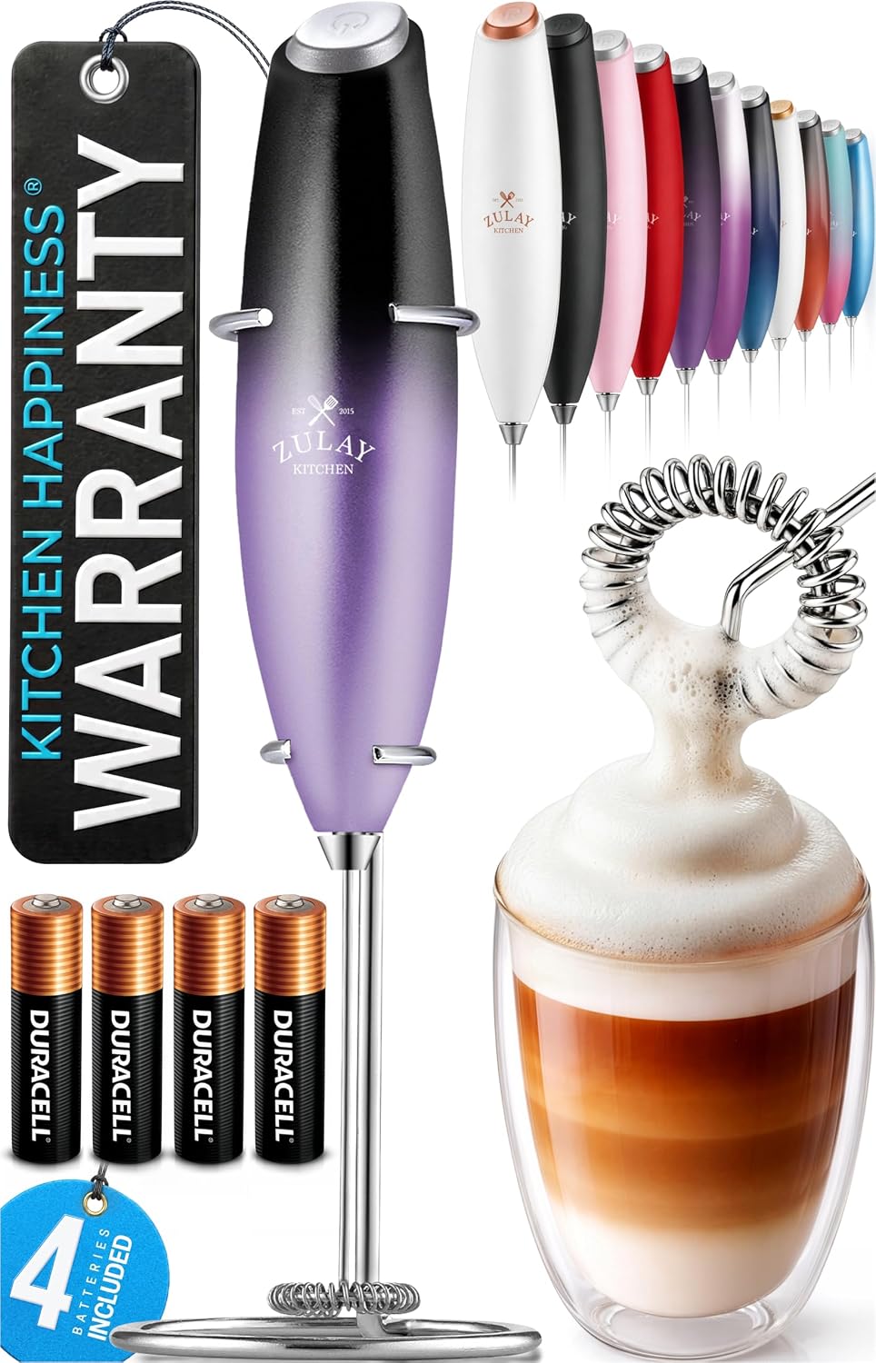 Zulay Kitchen Powerful Milk Frother Wand With Duracell Batteries - Ultra Fast Handheld Drink Mixer - Electric Whisk Foam Maker for Coffee, Lattes, Cappuccino & Matcha - Triple Whisk - Queen Turquoise