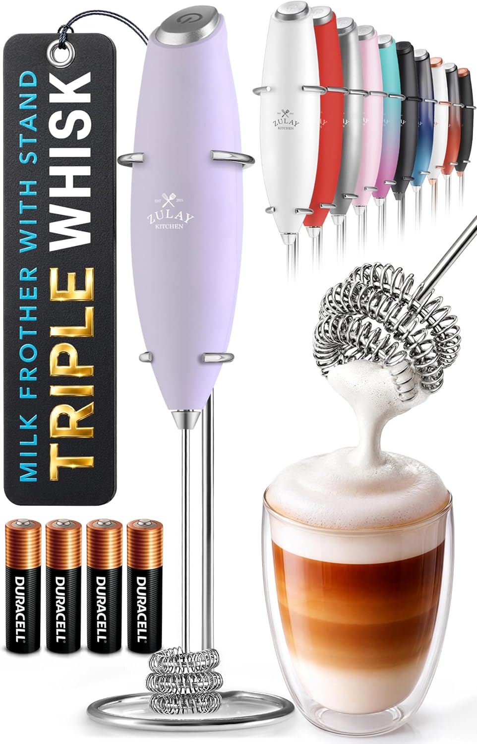 Zulay Kitchen Powerful Milk Frother Wand With Duracell Batteries - Ultra Fast Handheld Drink Mixer - Electric Whisk Foam Maker for Coffee, Lattes, Cappuccino & Matcha - Triple Whisk - Queen Turquoise