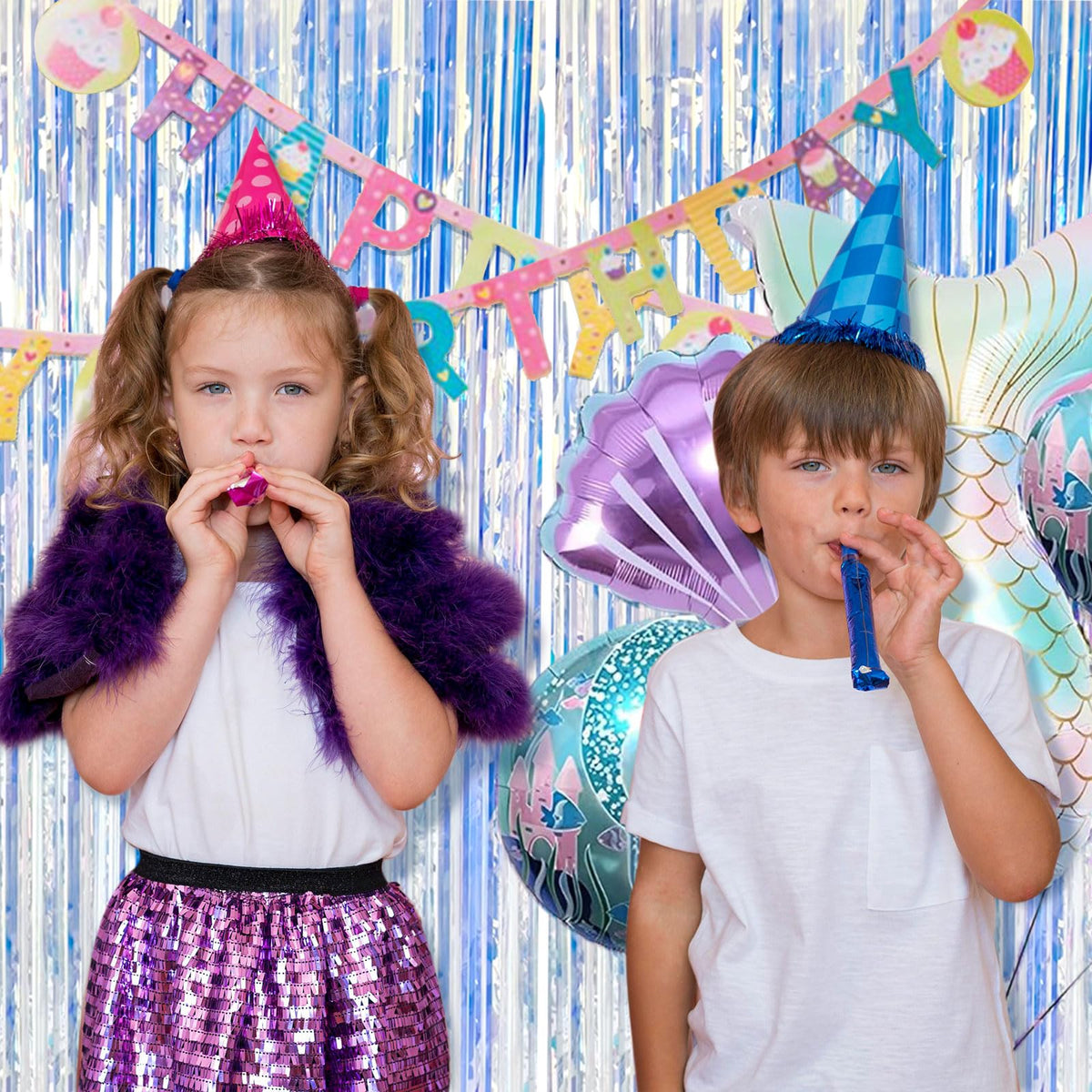 2 Pack Blue Party Decorations Ocean Party Decor Supplies Blue Party Streamers Birthday Decorations Tinsel Foil Fringe Curtains Photo Booth Props Celebration Decorations