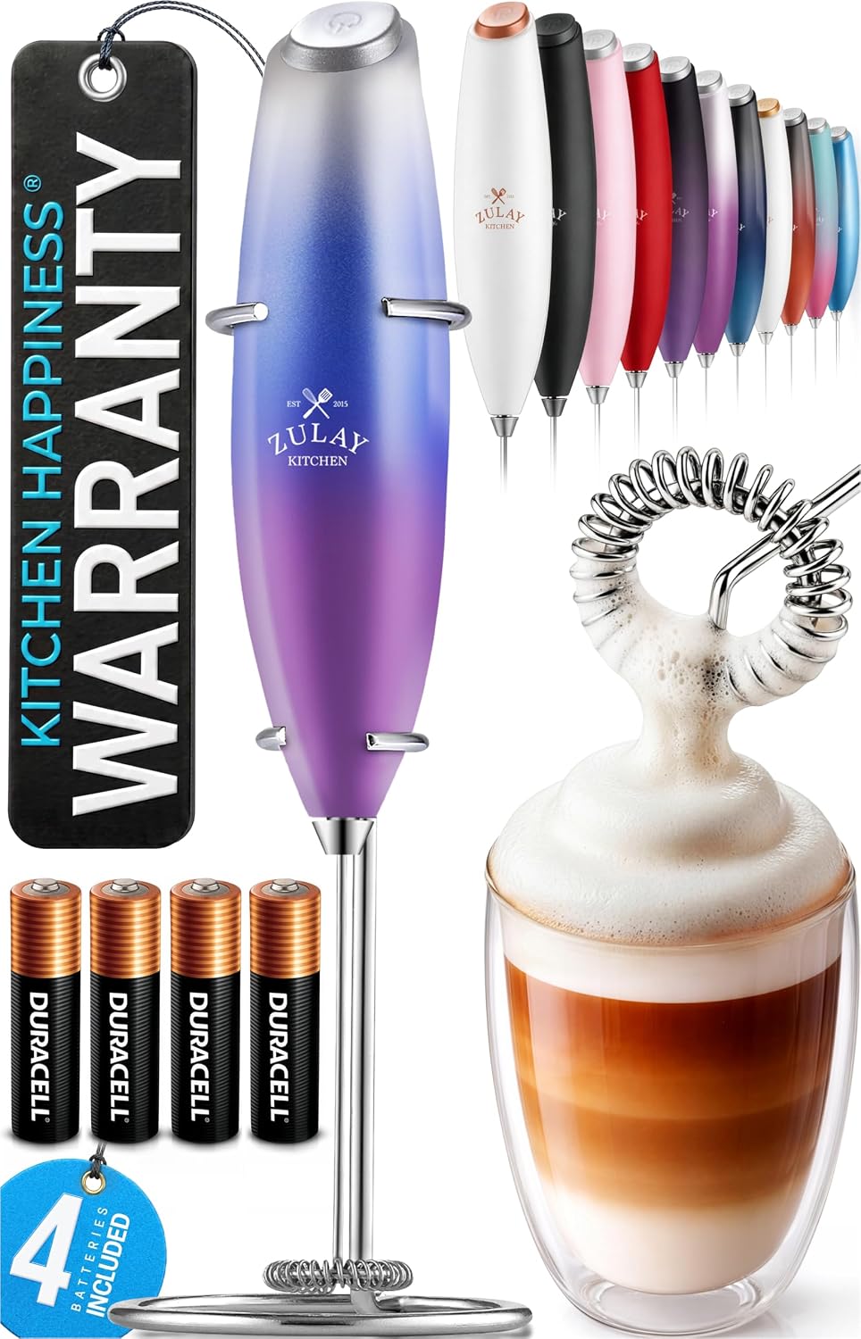 Zulay Kitchen Powerful Milk Frother Wand With Duracell Batteries - Ultra Fast Handheld Drink Mixer - Electric Whisk Foam Maker for Coffee, Lattes, Cappuccino & Matcha - Triple Whisk - Queen Turquoise