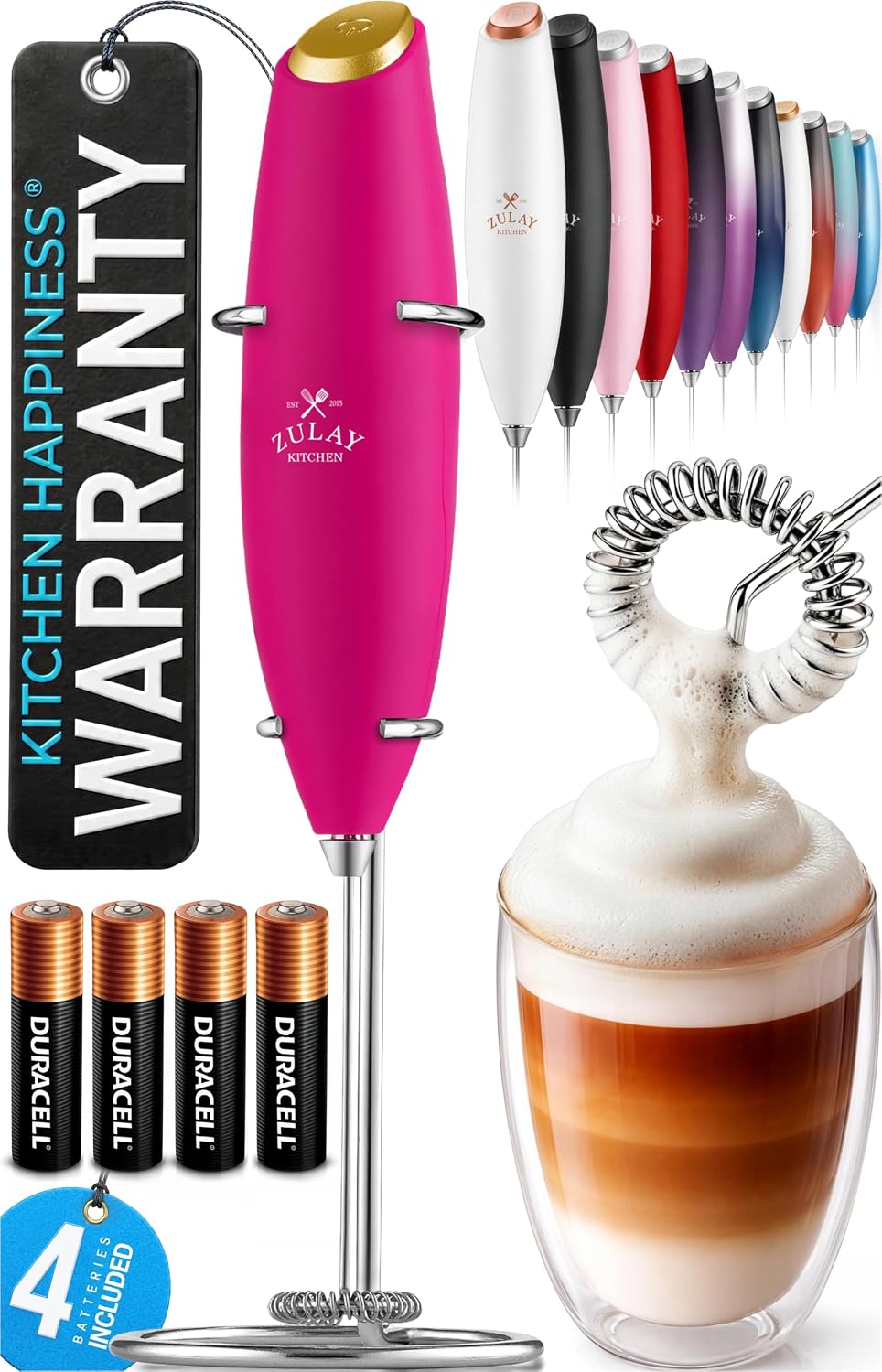 Zulay Kitchen Powerful Milk Frother Wand With Duracell Batteries - Ultra Fast Handheld Drink Mixer - Electric Whisk Foam Maker for Coffee, Lattes, Cappuccino & Matcha - Triple Whisk - Queen Turquoise