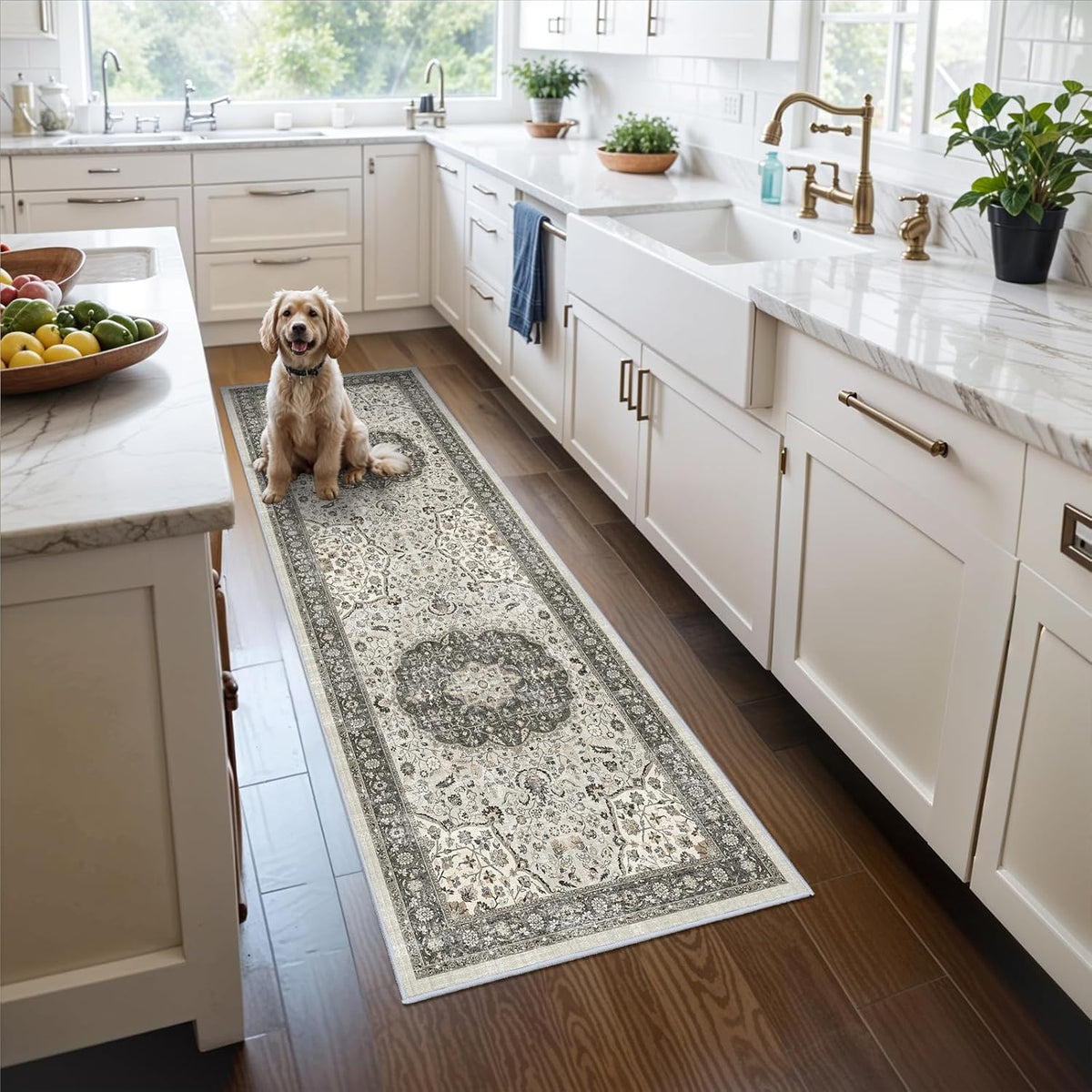 Hallway Washable Runner Rug - 3x10 Kitchen Rugs Entryway Rug Runner Vintage Soft Floor Mat Non Slip Indoor Farmhouse Carpet for Bathroom Living Room Bedroom (3 X 10, Beige)