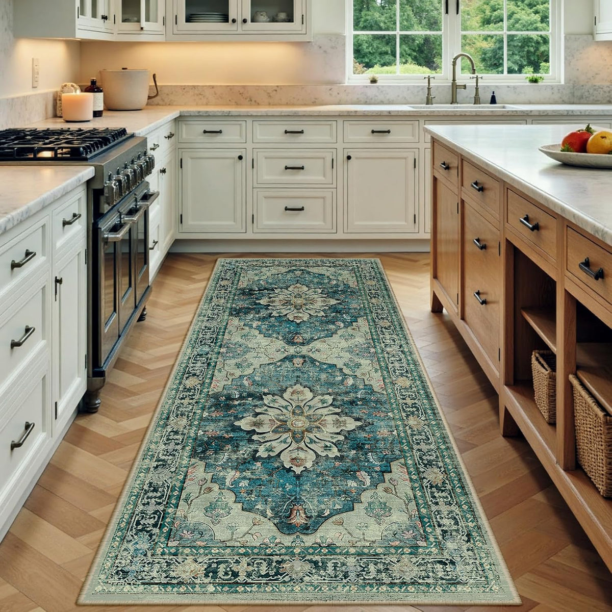 RELEANY Washable Area Rug, Small 2'x3', Teal Green/White/Navy