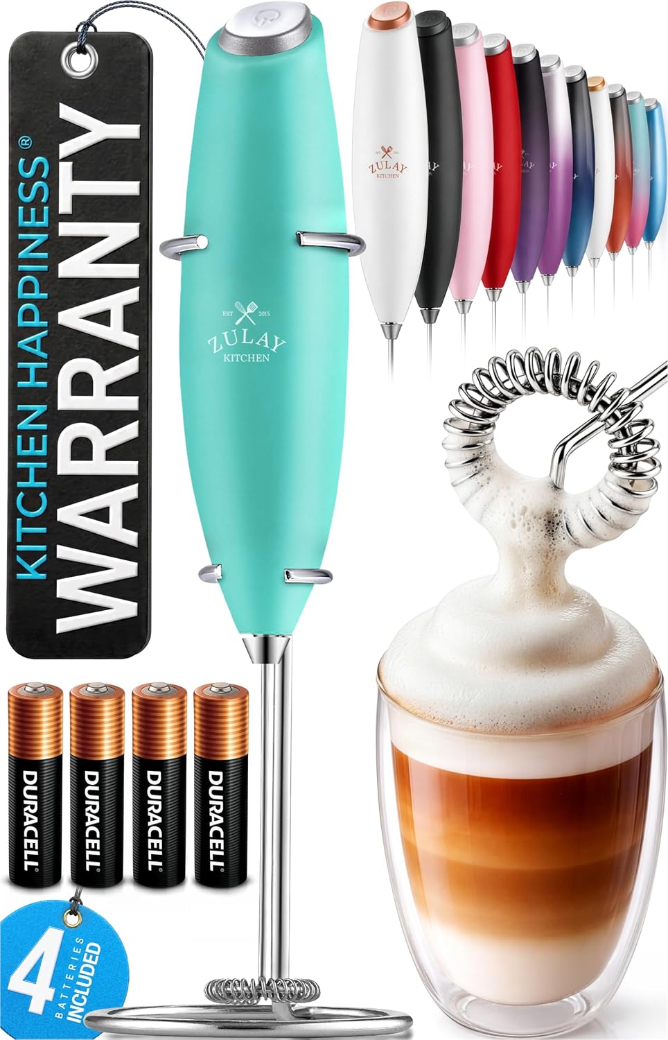 Zulay Kitchen Powerful Milk Frother Wand With Duracell Batteries - Ultra Fast Handheld Drink Mixer - Electric Whisk Foam Maker for Coffee, Lattes, Cappuccino & Matcha - Triple Whisk - Queen Turquoise