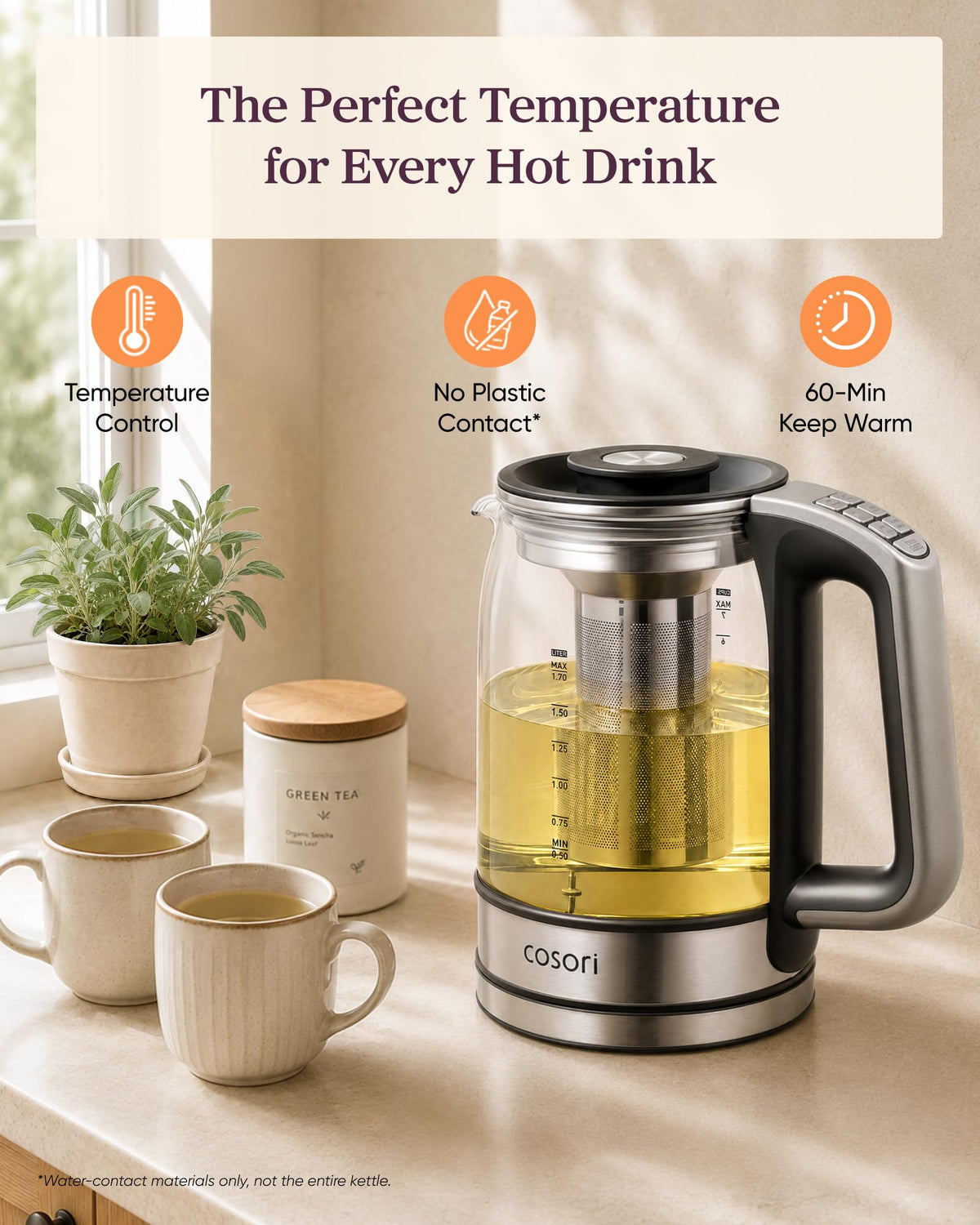 Cosori Electric Kettle, No Plastic Contact with Water, 1.7L, Black