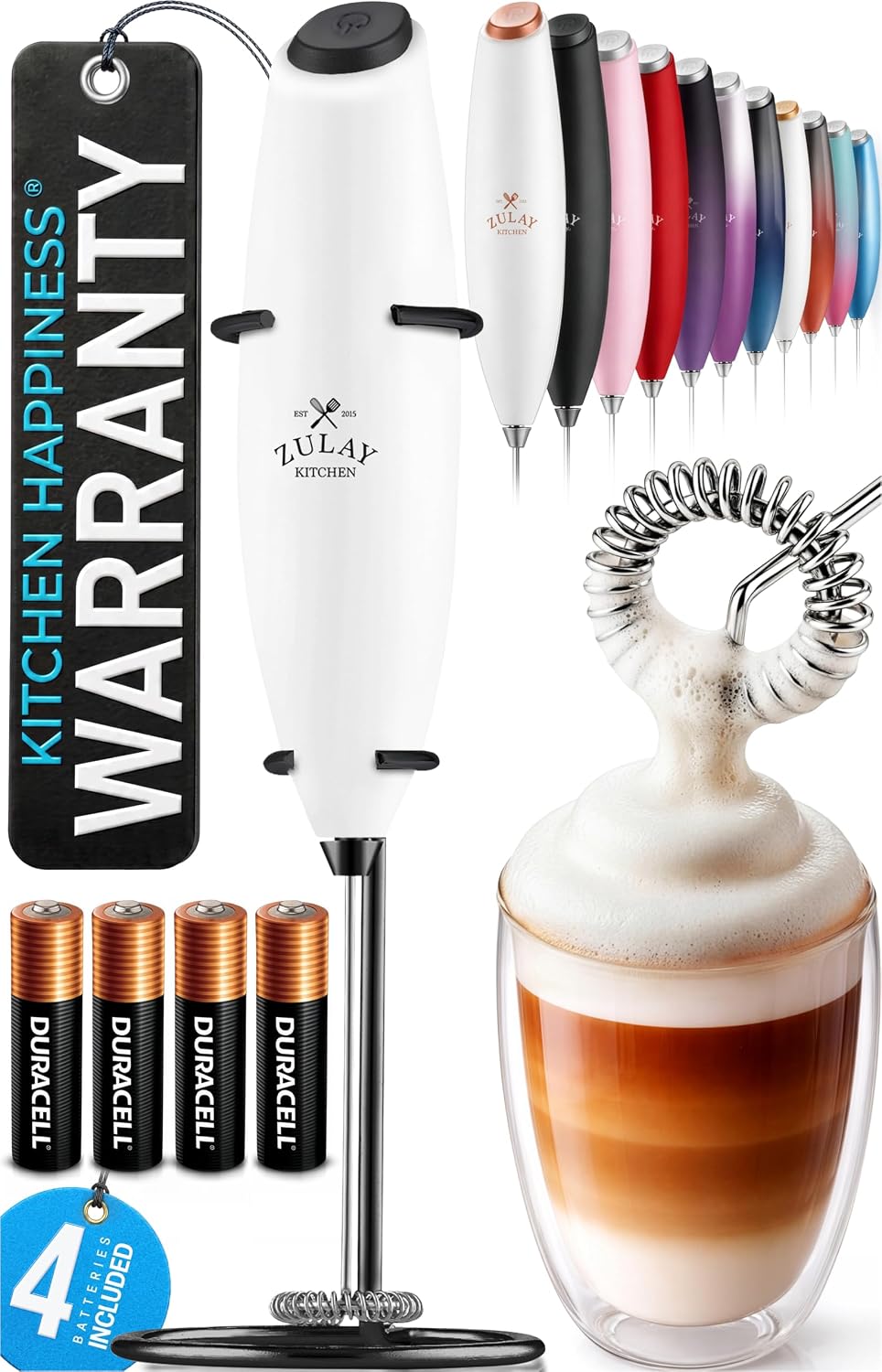 Zulay Kitchen Powerful Milk Frother Wand With Duracell Batteries - Ultra Fast Handheld Drink Mixer - Electric Whisk Foam Maker for Coffee, Lattes, Cappuccino & Matcha - Triple Whisk - Queen Turquoise