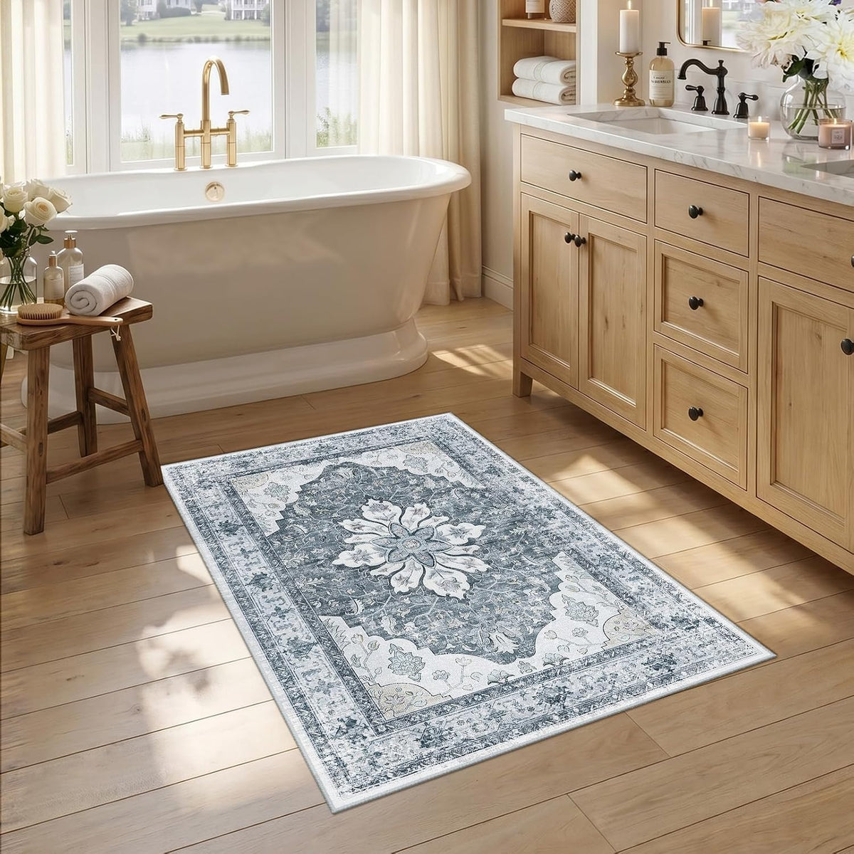 RELEANY Washable Area Rug, Small 2'x3', Teal Green/White/Navy