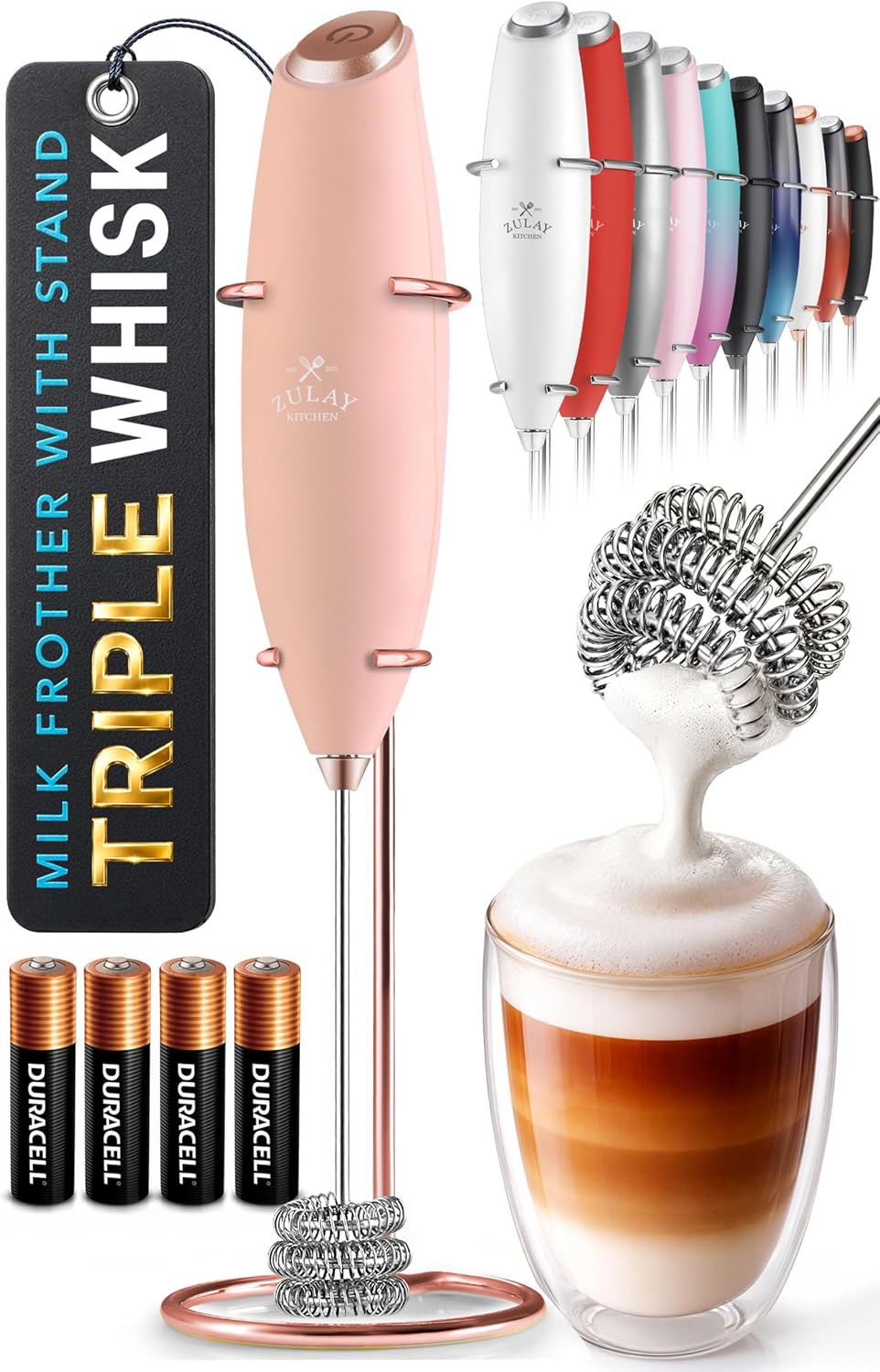 Zulay Kitchen Powerful Milk Frother Wand With Duracell Batteries - Ultra Fast Handheld Drink Mixer - Electric Whisk Foam Maker for Coffee, Lattes, Cappuccino & Matcha - Triple Whisk - Queen Turquoise