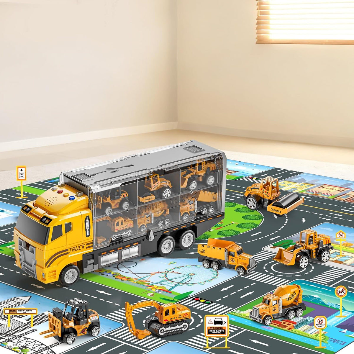 NIPLOOOW Kids Boys Construction Truck Vehicle Toy Set with Play Mat and Die-Cast Toy Car, Transport Carrier Truck for Kids 3-5, Birthday Gifts Toys for 3-8 Year Old Boys