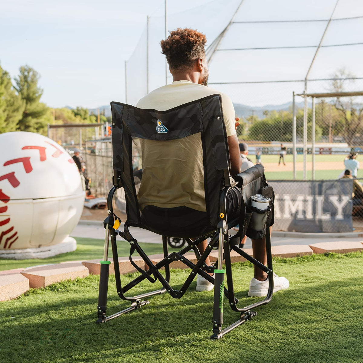 GCI Outdoor Freestyle Rocker XL with Side Table Camping Chair | Portable Folding Rocking Chair with Solid, Durable Armrests, Drink Holder & Comfortable Backrest — Black Father Jim Norris notebooks