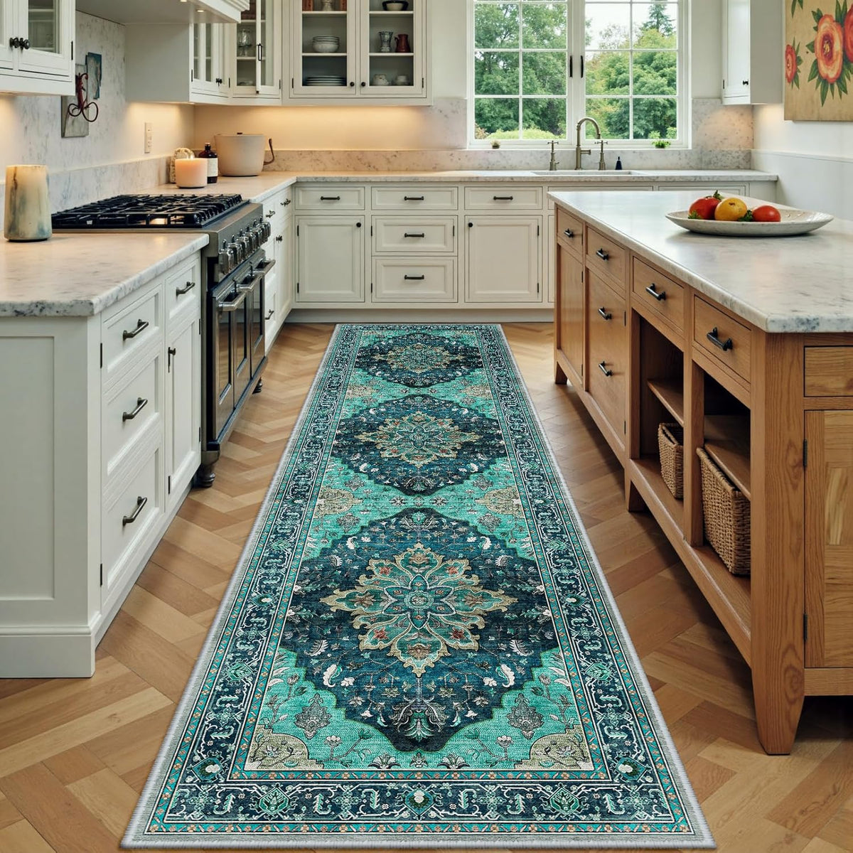 RELEANY Washable Area Rug, Small 2'x3', Teal Green/White/Navy