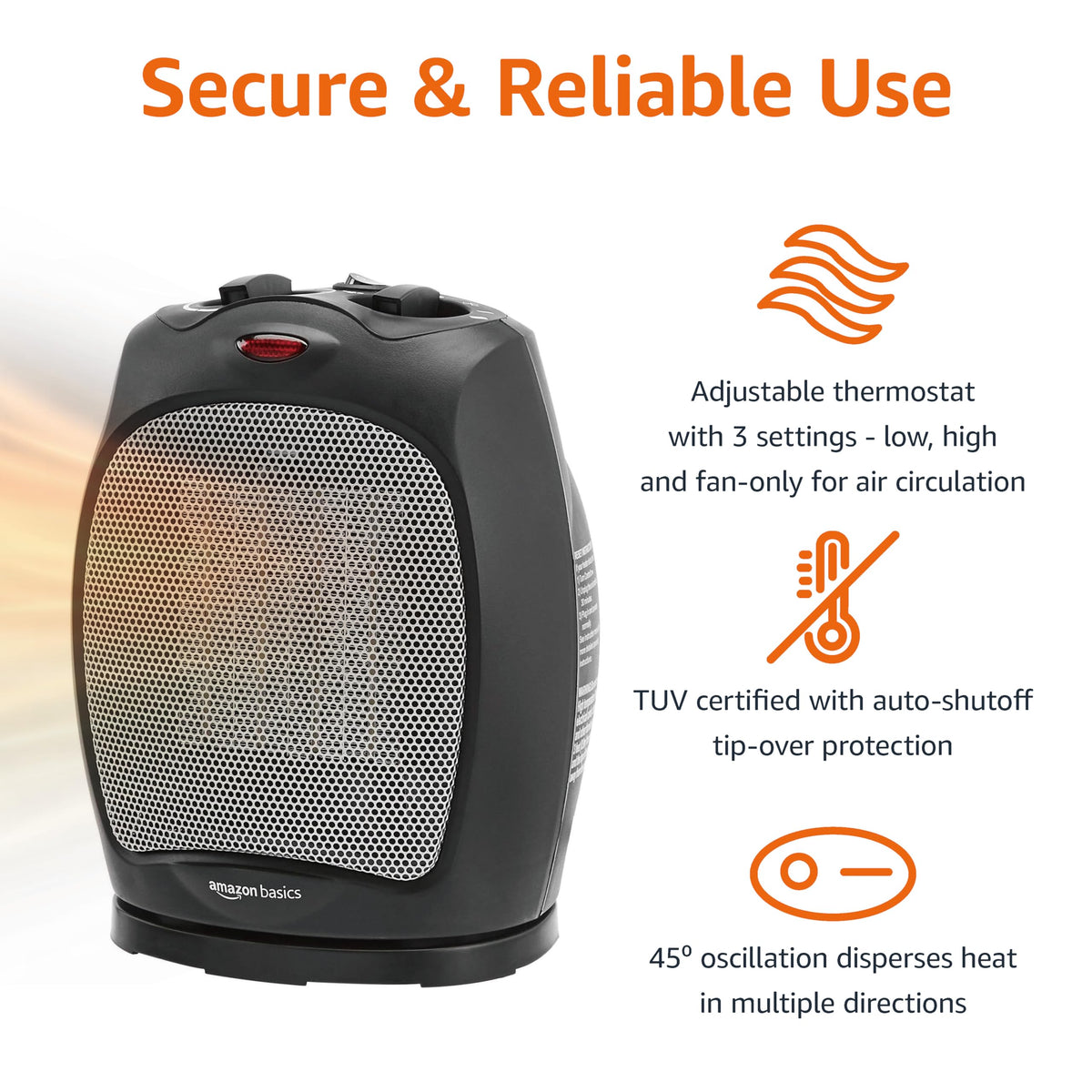 Amazon Basics Ceramic Space Heater, Portable Indoor Heating Solution, With Overheat and Tip-Over Protection,