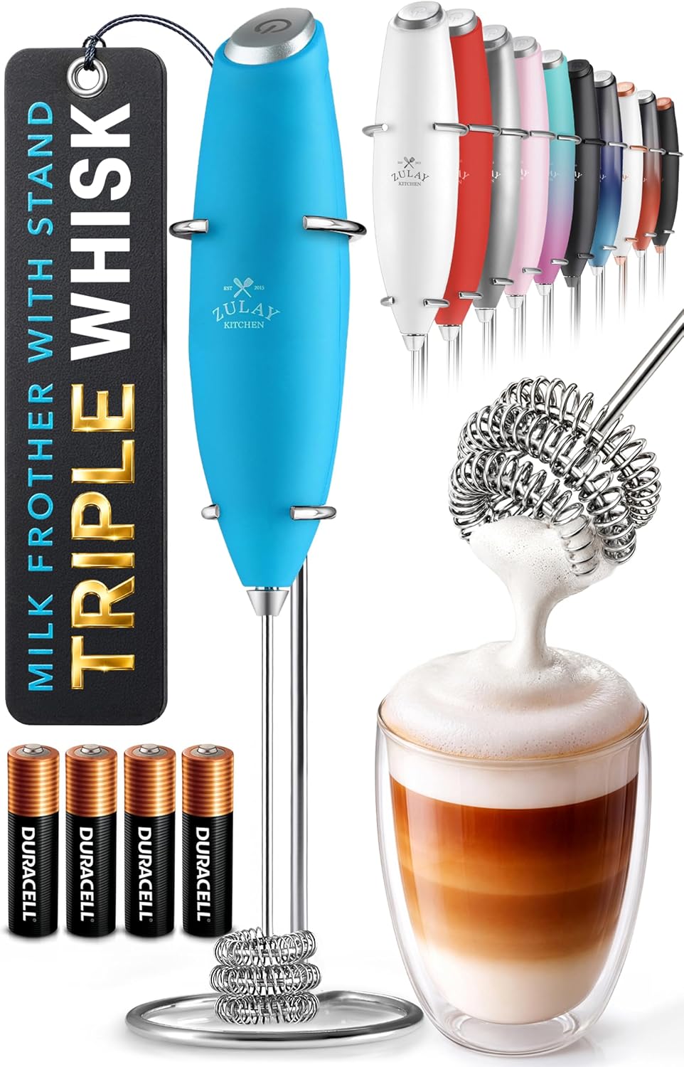 Zulay Kitchen Powerful Milk Frother Wand With Duracell Batteries - Ultra Fast Handheld Drink Mixer - Electric Whisk Foam Maker for Coffee, Lattes, Cappuccino & Matcha - Triple Whisk - Queen Turquoise