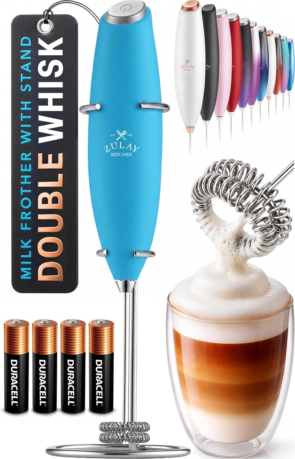 Zulay Kitchen Powerful Milk Frother Wand With Duracell Batteries - Ultra Fast Handheld Drink Mixer - Electric Whisk Foam Maker for Coffee, Lattes, Cappuccino & Matcha - Triple Whisk - Queen Turquoise