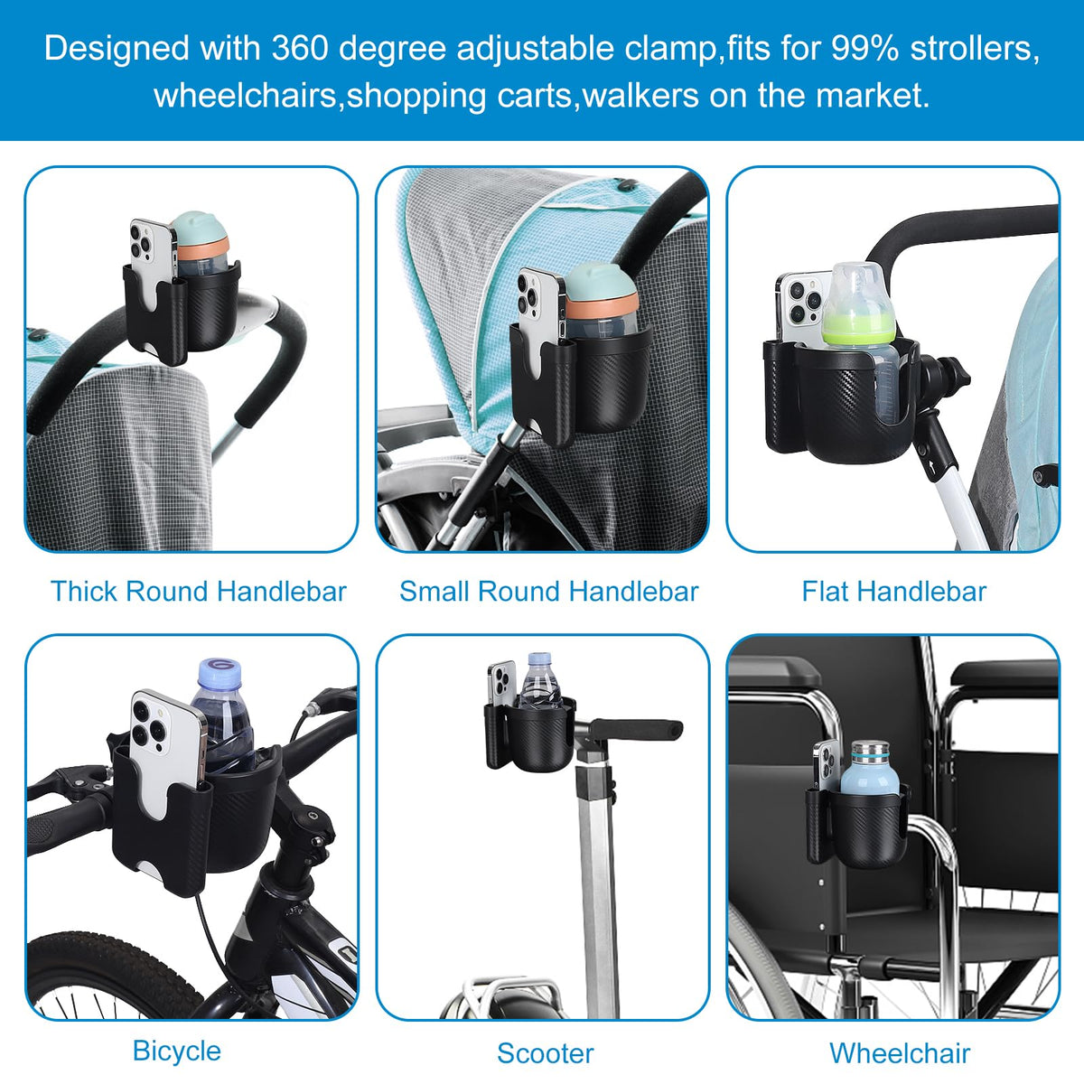 Accmor Stroller Cup Holder with Phone Holder, Bike Cup Holder, Walker Scooter Wheelchair Cup Holder Attachment, Universal Cup Holder for Uppababy Graco Strollers