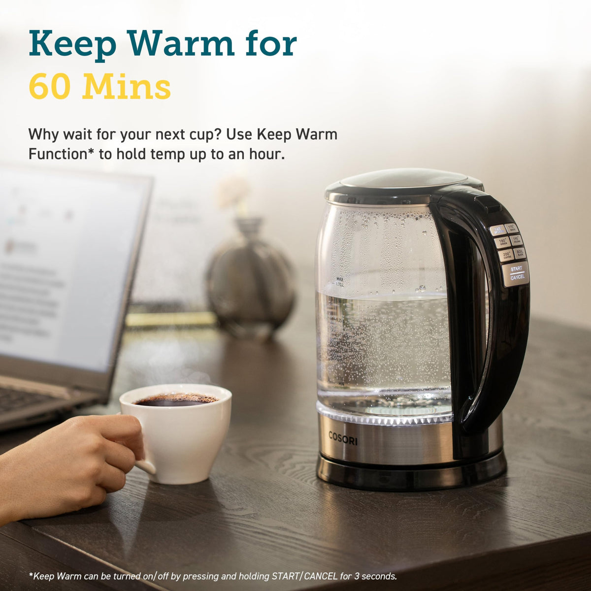 Cosori Electric Kettle, No Plastic Contact with Water, 1.7L, Black