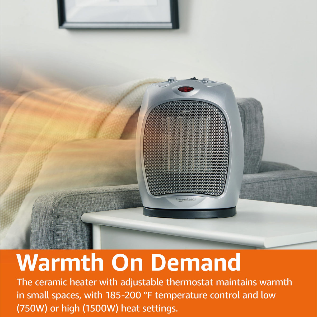 Amazon Basics Ceramic Space Heater, Portable Indoor Heating Solution, With Overheat and Tip-Over Protection,