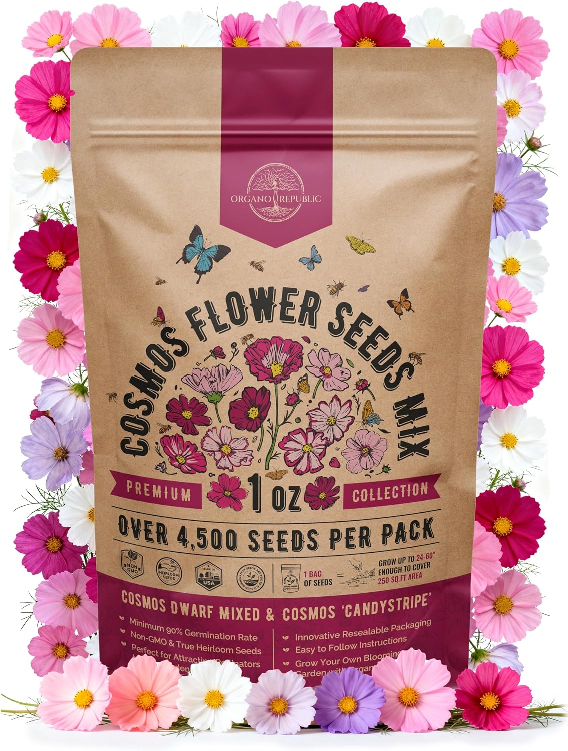 Cosmos Flower Seeds Pack 1 oz - 4,500 Non-GMO Heirloom Annual Seeds for Planting Indoor & Outdoor Gardening, Flower Seed for Garden in Resealable Packet, Floral Mix for Pollinators Perennial Mix Father Jim Norris notebooks