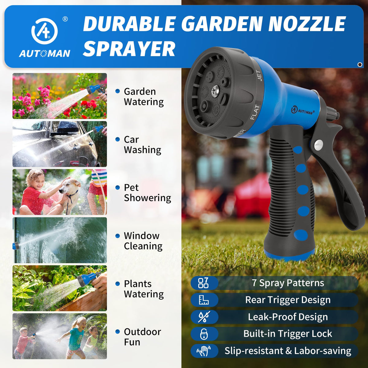 AUTOMAN Garden Hose Nozzle, Water Hose Sprayer Nozzle with 7 Adjustable Watering Patterns, Slip Resistant for Watering Plants, Lawn& Garden, Washing Cars, Cleaning, Showering Pets & Outdoor Fun. Father Jim Norris notebooks
