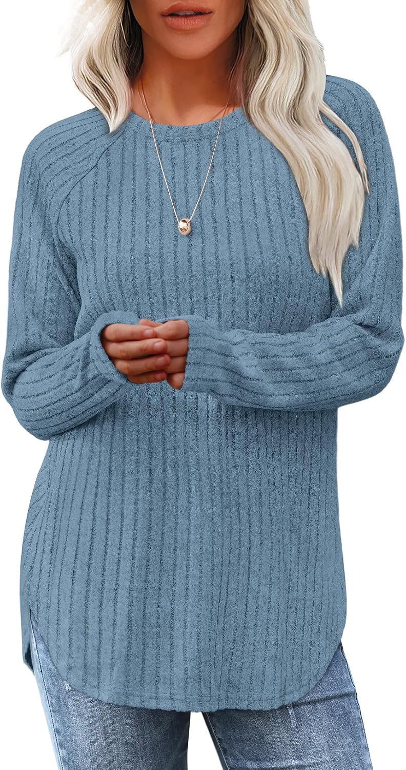 Saloogoe Long Sleeve Shirts for Women 2026 Fall Clothes Tunic Tops Loose Fit Dressy Crewneck Pullover Sweaters Curved Hem