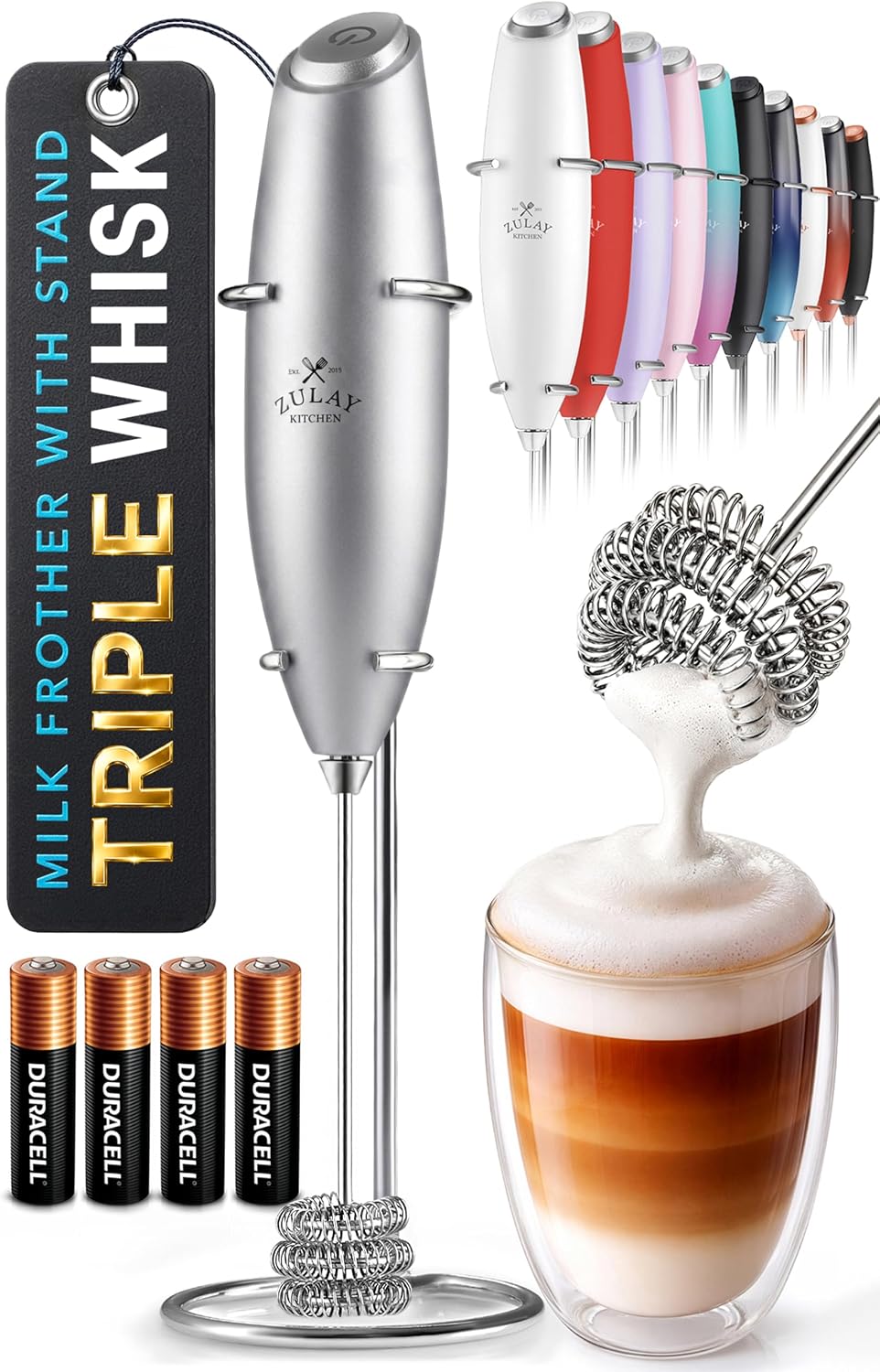 Zulay Kitchen Powerful Milk Frother Wand With Duracell Batteries - Ultra Fast Handheld Drink Mixer - Electric Whisk Foam Maker for Coffee, Lattes, Cappuccino & Matcha - Triple Whisk - Queen Turquoise