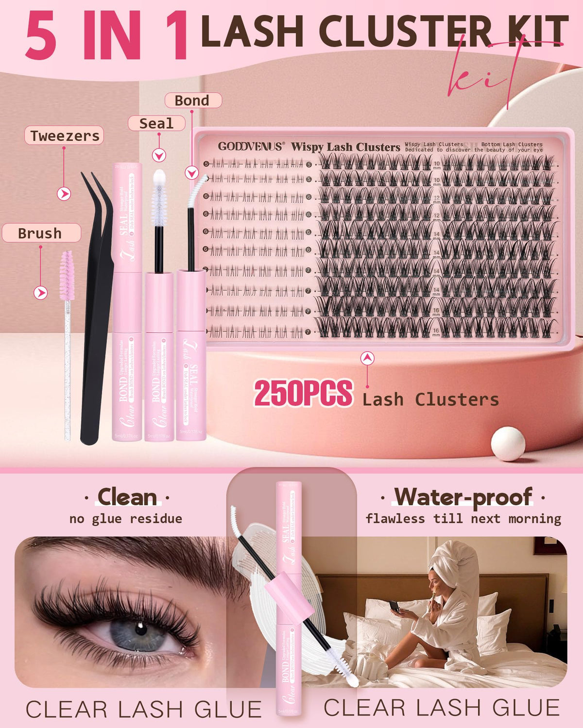 Goddvenus Lash Clusters Kit 9-14mm Wispy Eyelash Clusters Lashes Natural DIY Lash Extension Kit Short Cluster Eyelash Extensions Kit 300pcs C Curl Individual Lashes Cluster Eyelash (With Tweezers)