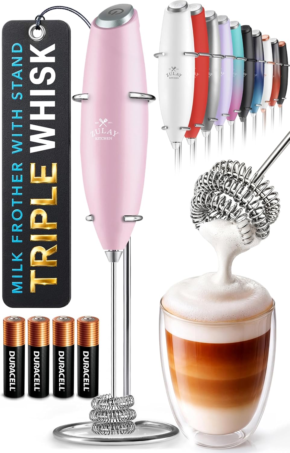 Zulay Kitchen Powerful Milk Frother Wand With Duracell Batteries - Ultra Fast Handheld Drink Mixer - Electric Whisk Foam Maker for Coffee, Lattes, Cappuccino & Matcha - Triple Whisk - Queen Turquoise