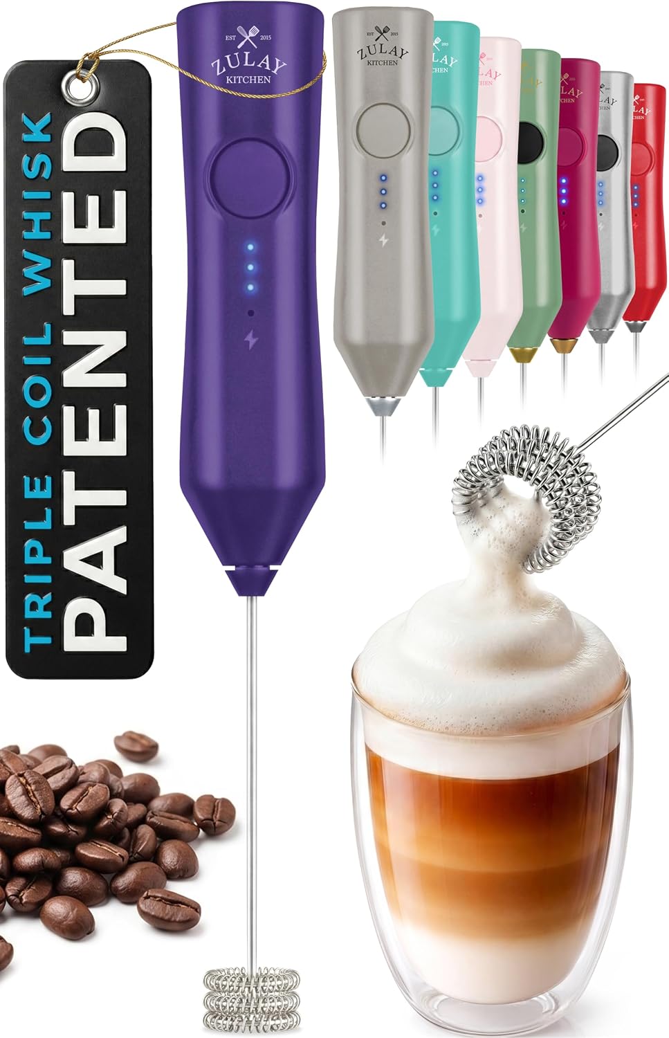 Zulay Kitchen Powerful Milk Frother Wand With Duracell Batteries - Ultra Fast Handheld Drink Mixer - Electric Whisk Foam Maker for Coffee, Lattes, Cappuccino & Matcha - Triple Whisk - Queen Turquoise