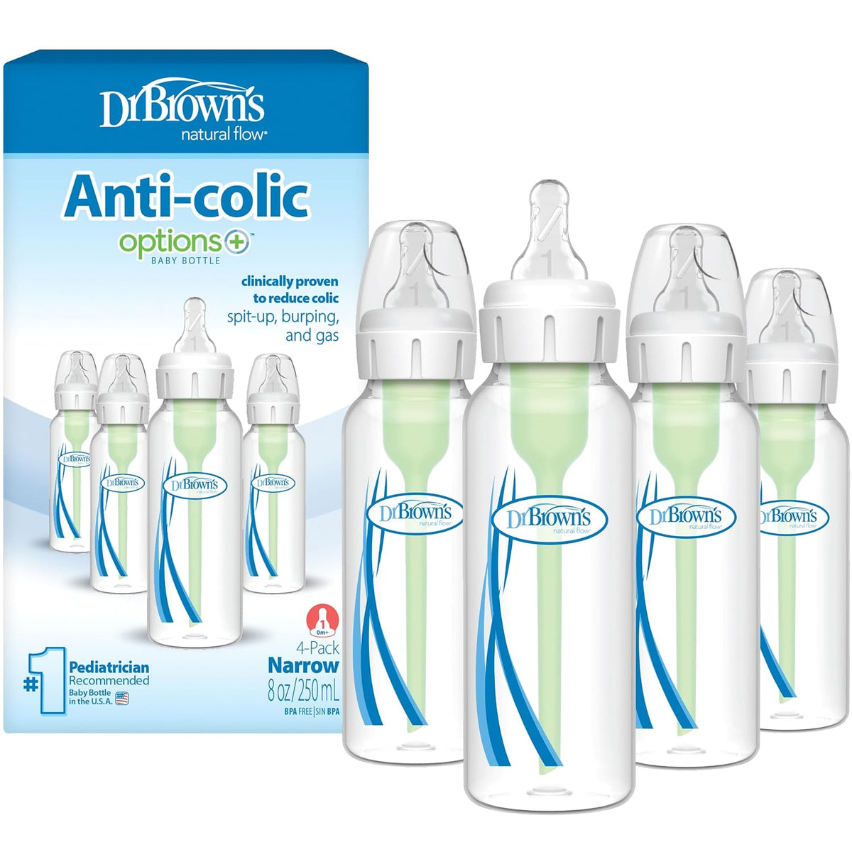 Dr. Brown's Anti-Colic Options+ Narrow Baby Bottle, Clear, 8 oz, 4-Pack