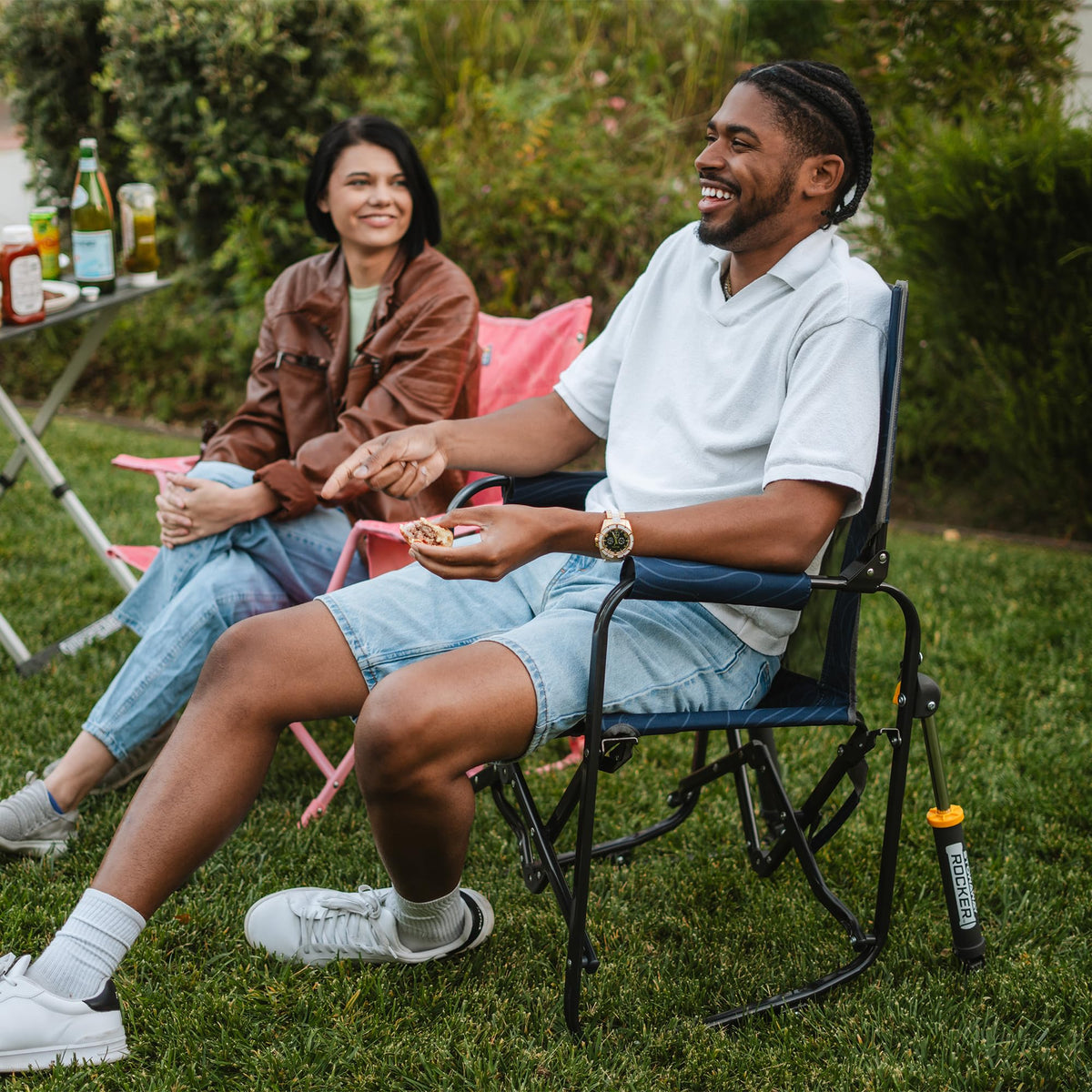 GCI Outdoor Freestyle Rocker XL with Side Table Camping Chair | Portable Folding Rocking Chair with Solid, Durable Armrests, Drink Holder & Comfortable Backrest — Black Father Jim Norris notebooks