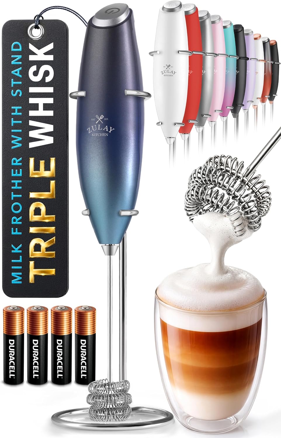 Zulay Kitchen Powerful Milk Frother Wand With Duracell Batteries - Ultra Fast Handheld Drink Mixer - Electric Whisk Foam Maker for Coffee, Lattes, Cappuccino & Matcha - Triple Whisk - Queen Turquoise