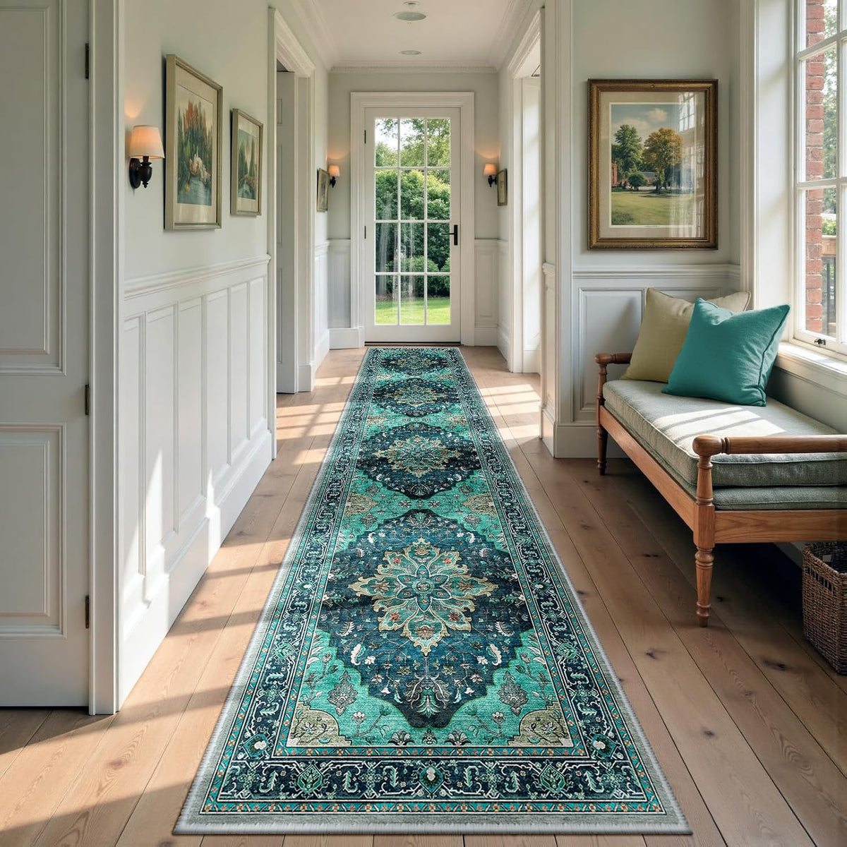 RELEANY Washable Area Rug, Small 2'x3', Teal Green/White/Navy