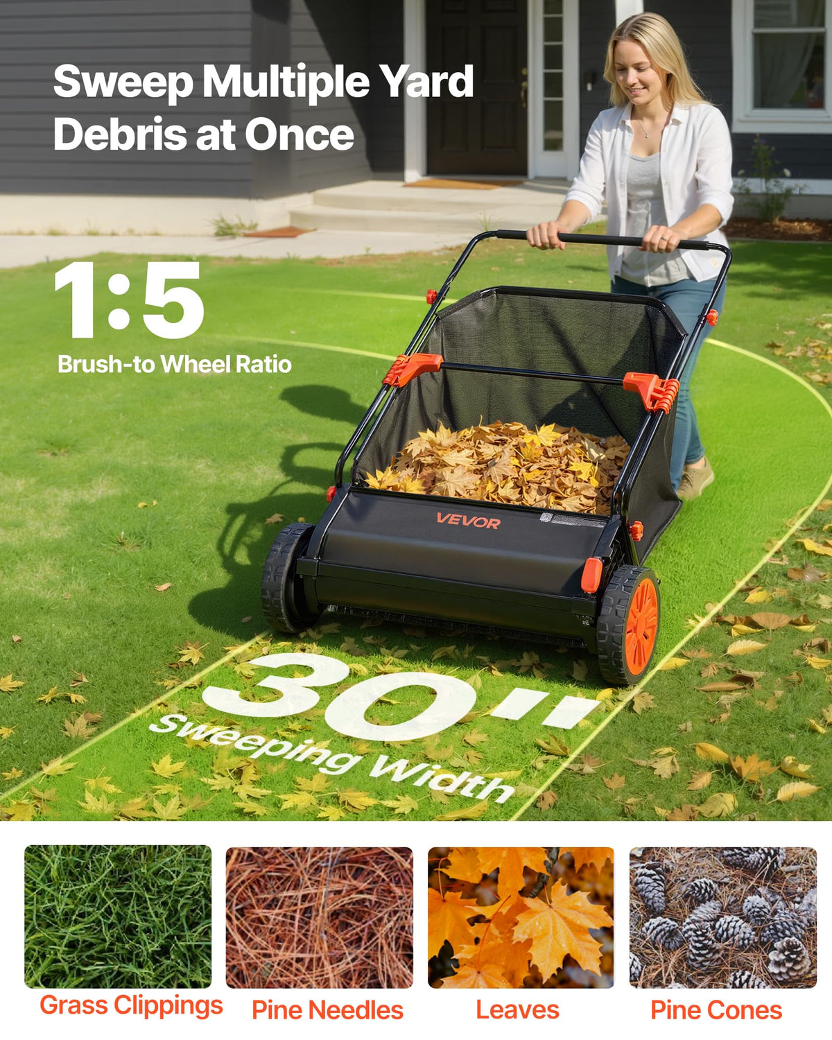 VEVOR Push Lawn Sweeper 26 in Leaf & Grass Collector 7 cu. ft. Hopper Bag Father Jim Norris notebooks