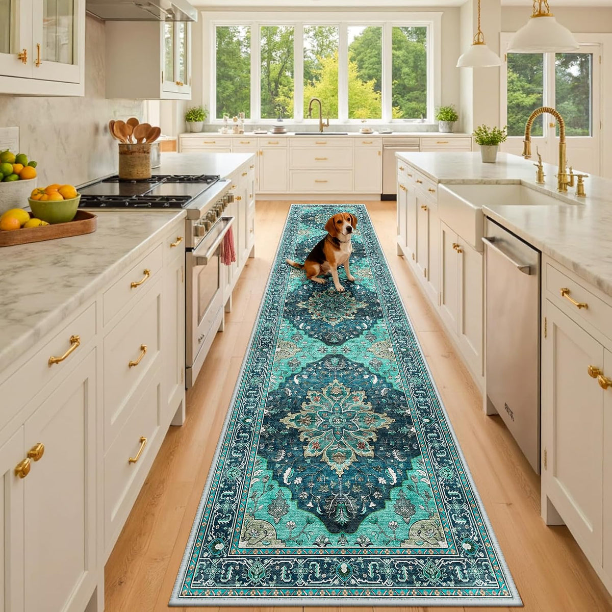 RELEANY Washable Area Rug, Small 2'x3', Teal Green/White/Navy