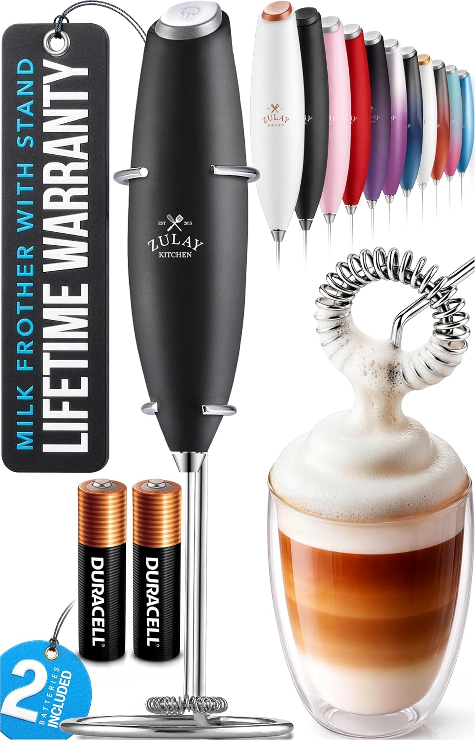 Zulay Kitchen Powerful Milk Frother Wand With Duracell Batteries - Ultra Fast Handheld Drink Mixer - Electric Whisk Foam Maker for Coffee, Lattes, Cappuccino & Matcha - Triple Whisk - Queen Turquoise