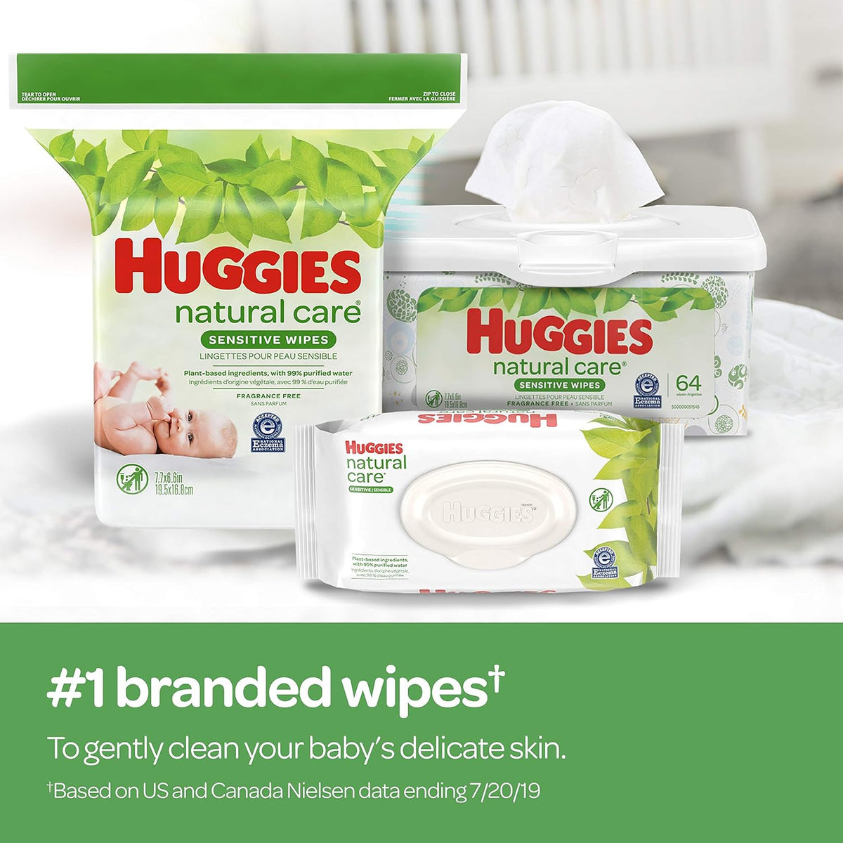 Huggies Natural Care Sensitive Baby Wipes, Unscented, Hypoallergenic, 99% Purified Water, 12 Flip-Top Packs (768 Wipes Total), Packaging May Vary