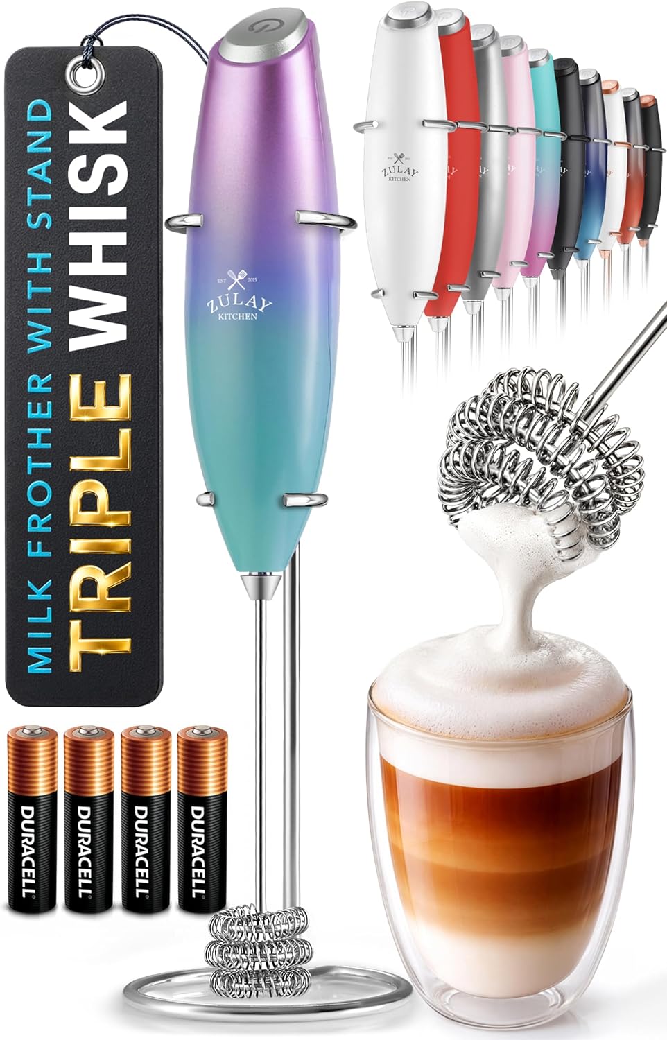 Zulay Kitchen Powerful Milk Frother Wand With Duracell Batteries - Ultra Fast Handheld Drink Mixer - Electric Whisk Foam Maker for Coffee, Lattes, Cappuccino & Matcha - Triple Whisk - Queen Turquoise