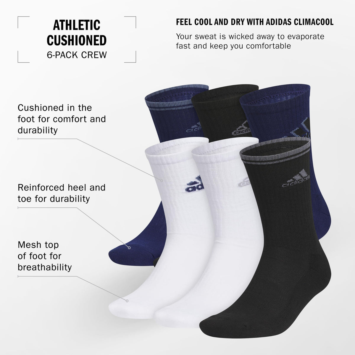 adidas Mens Athletic Crew Socks 6 Pairs Casual - White