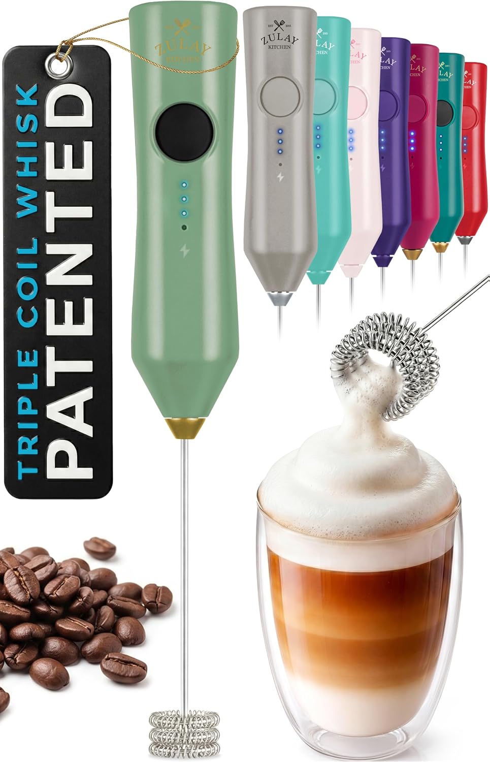 Zulay Kitchen Powerful Milk Frother Wand With Duracell Batteries - Ultra Fast Handheld Drink Mixer - Electric Whisk Foam Maker for Coffee, Lattes, Cappuccino & Matcha - Triple Whisk - Queen Turquoise